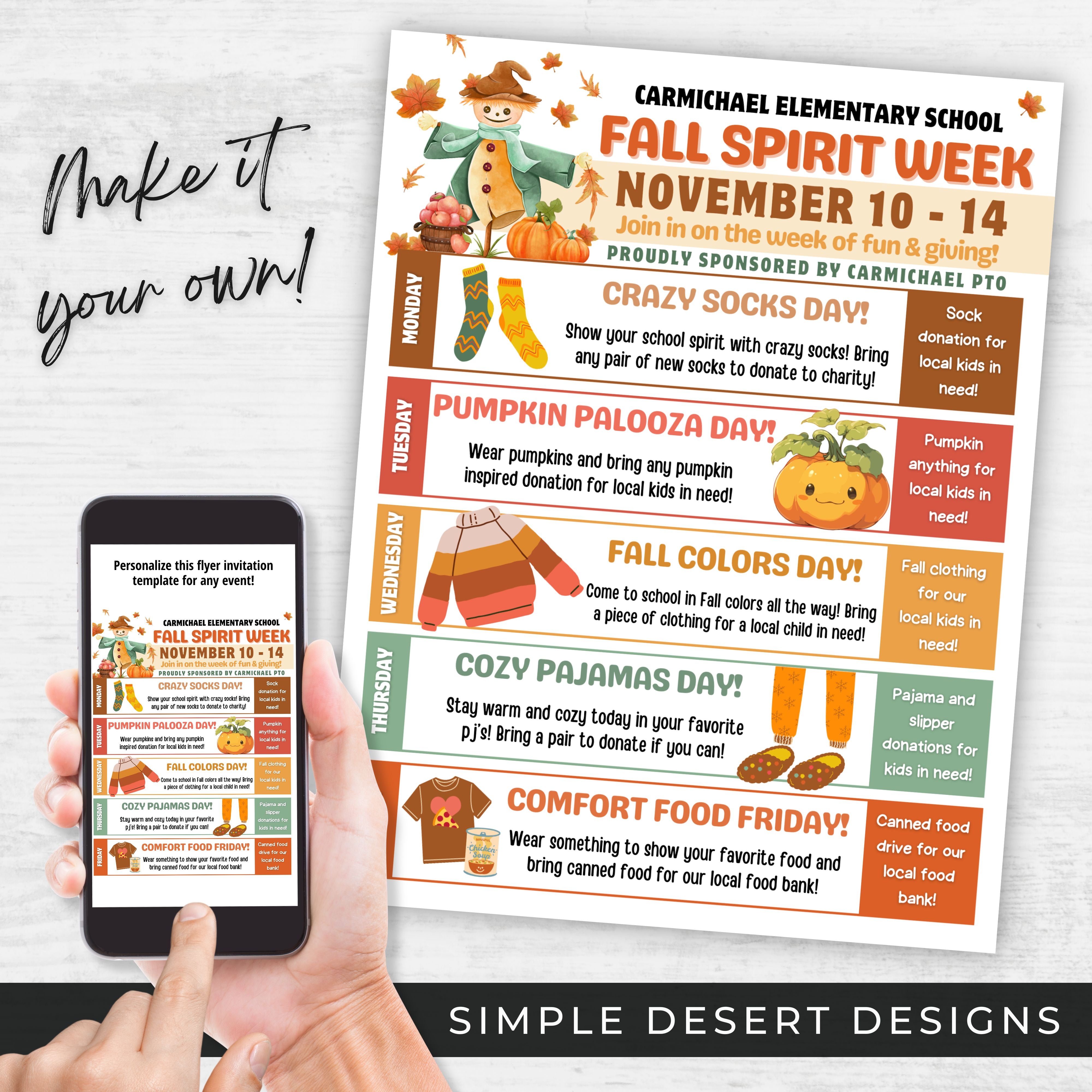 fun fall spirit week flyers for school and work