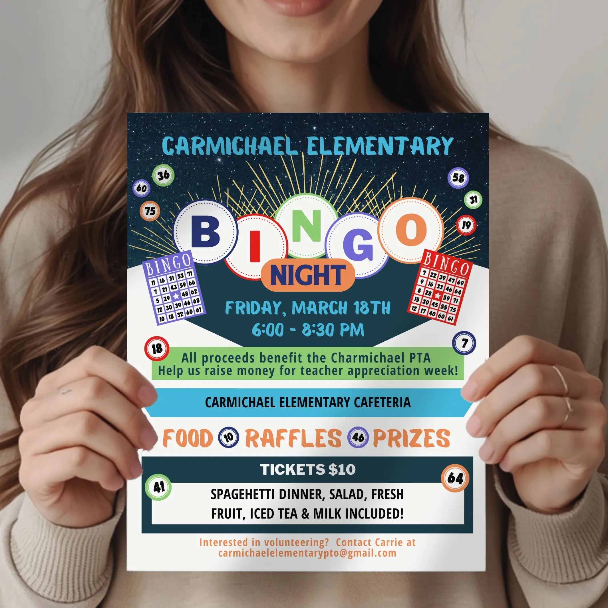 Person holding a customized 'Bingo Night' flyer for Carmichael Elementary