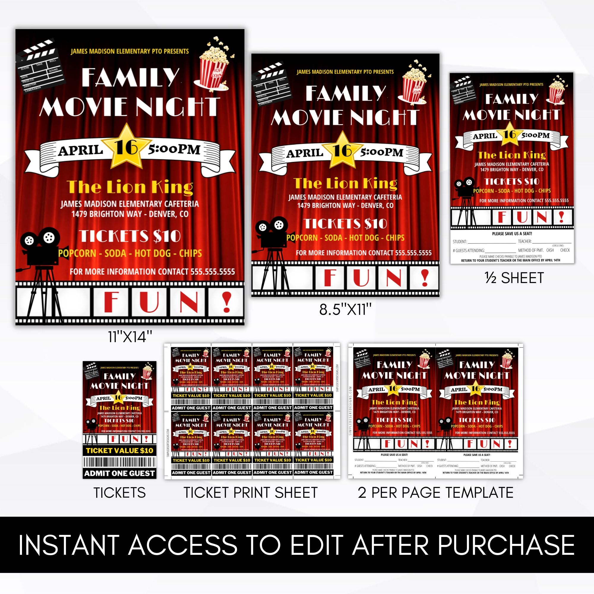Image showing an 11x14", 8.5x11" and 1/2 sheet flyer, plus ticket template and print sheets for family movie night editable template bundle.
