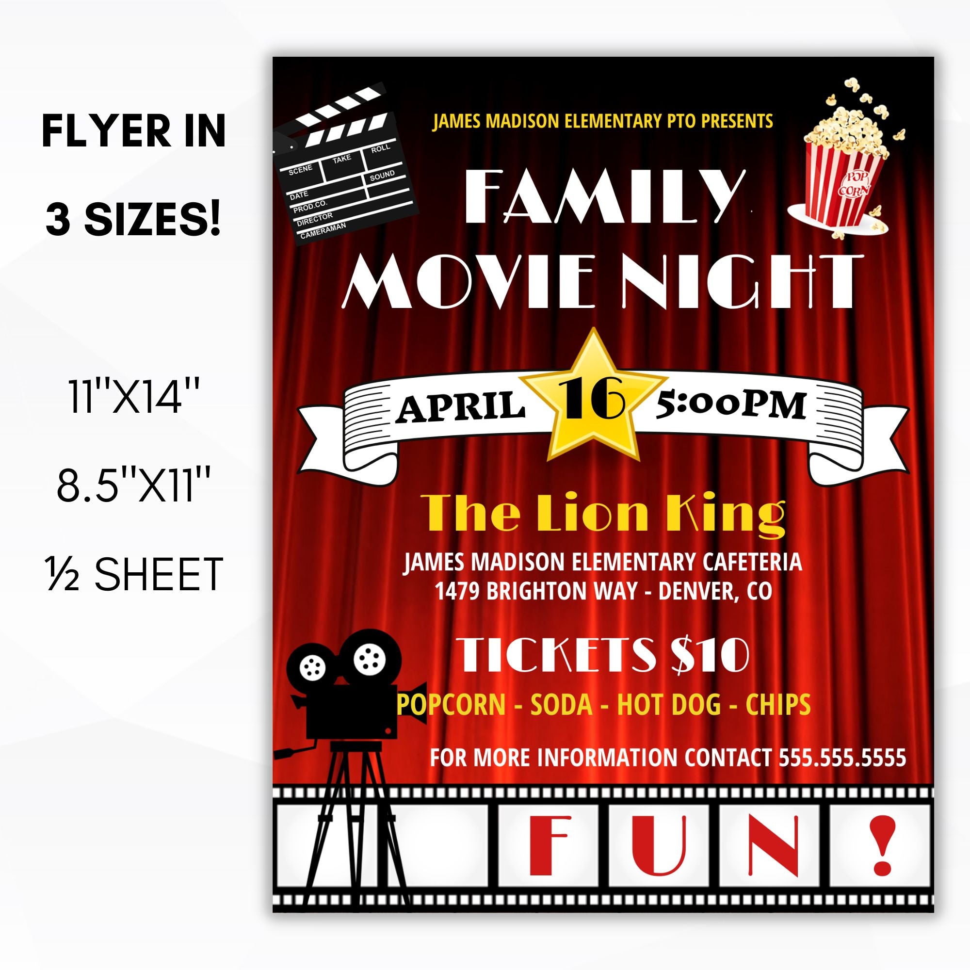 Flyer template on white surface with description that includes 3 sizes in editable templates for family movie night.