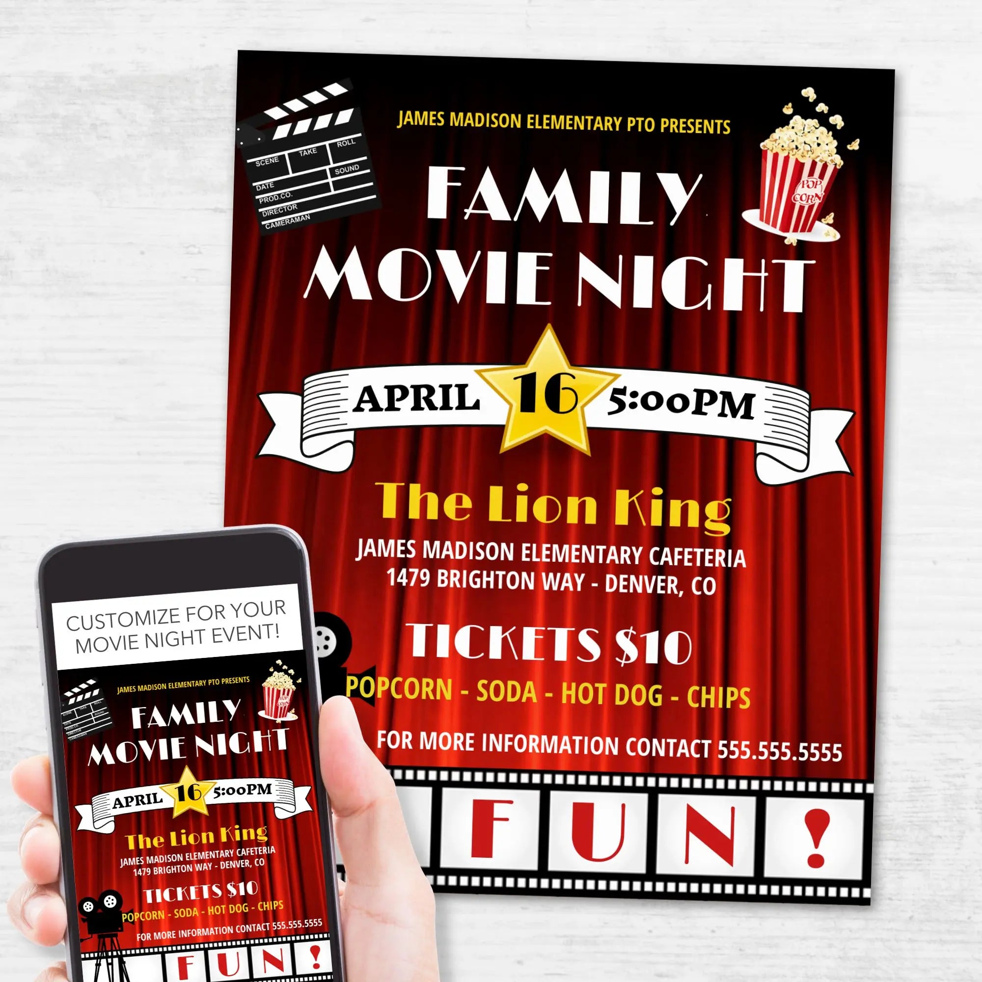 Image of family movie night flyer on phone and printed on light wood surface.