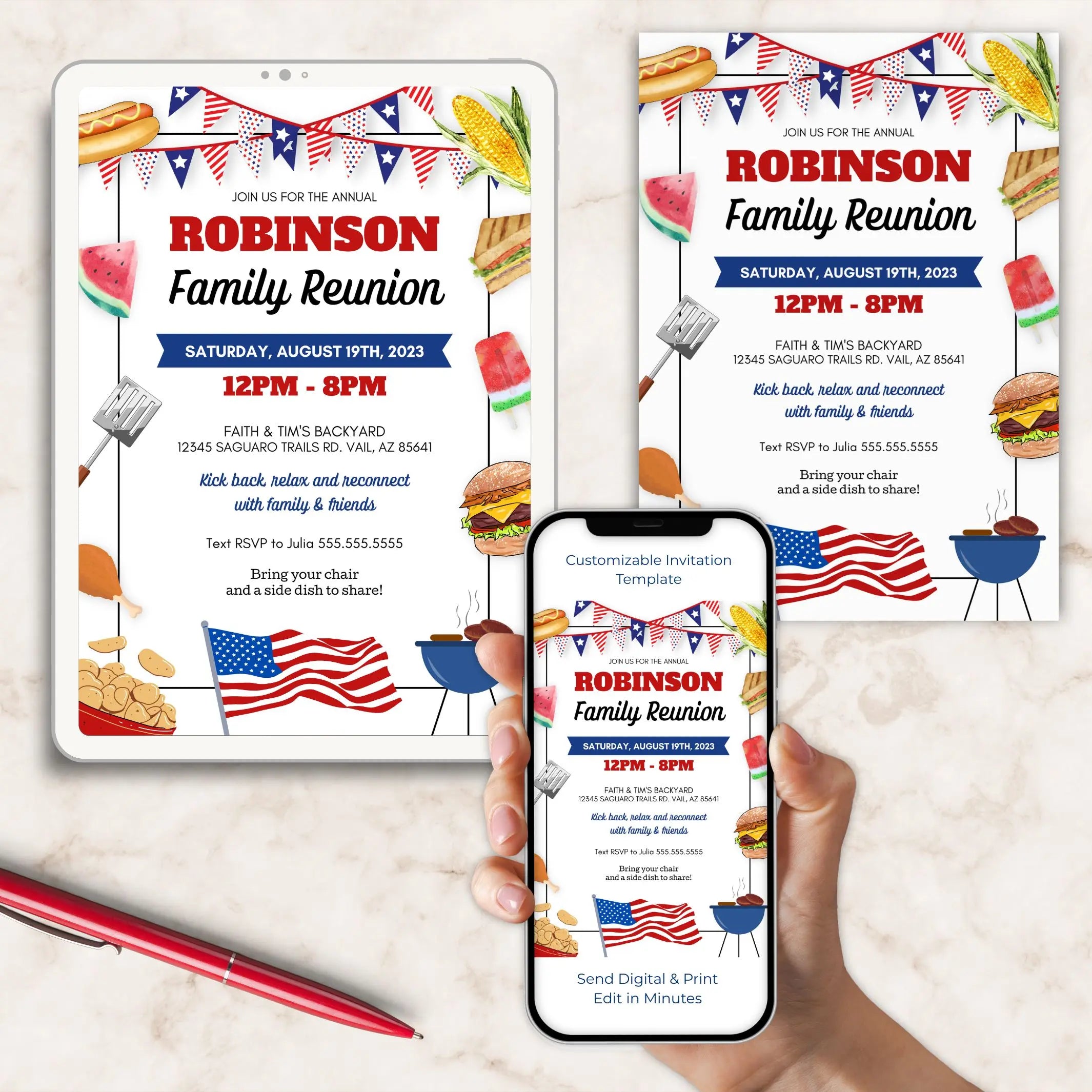 Family reunion invitation design with food icons and American flags on a phone and tablet.