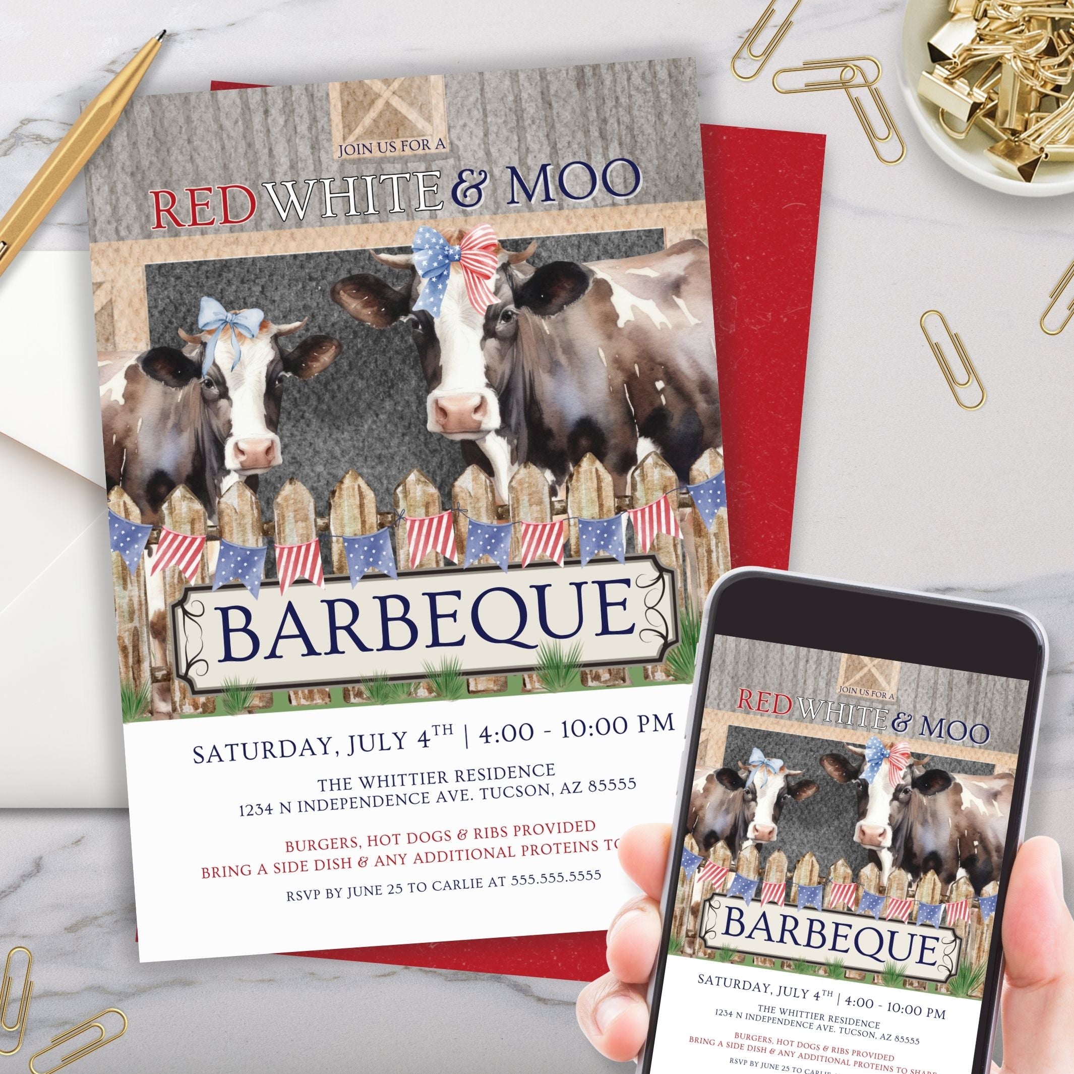 funny red white and moo 4th of july farmhouse barbeque party invitation