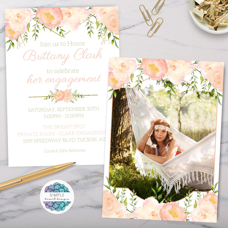 peach floral bridal shower party invitations with photo and gold accents