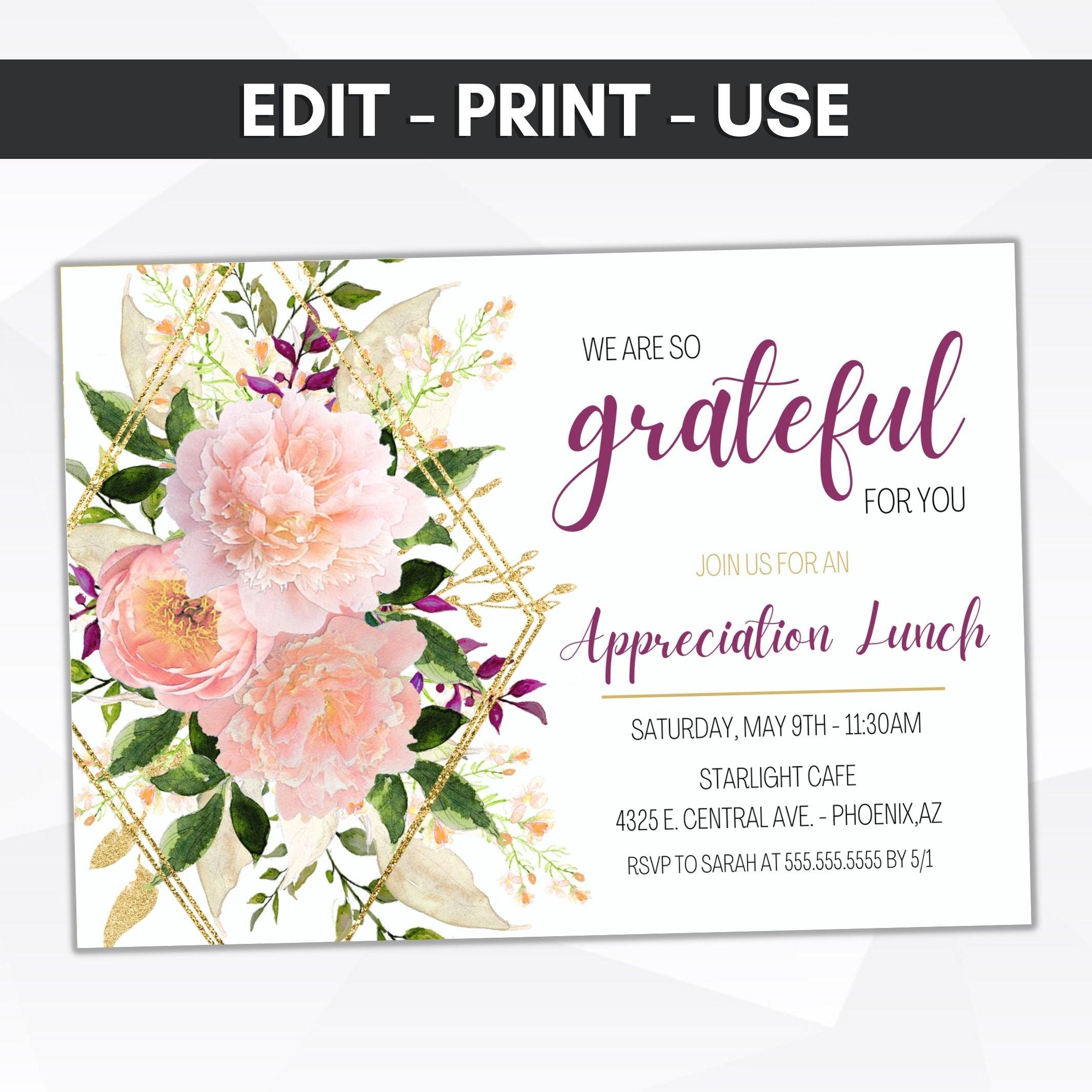 floral appreciation luncheon invitation peony rose gold geometric lunch brunch dinner invite
