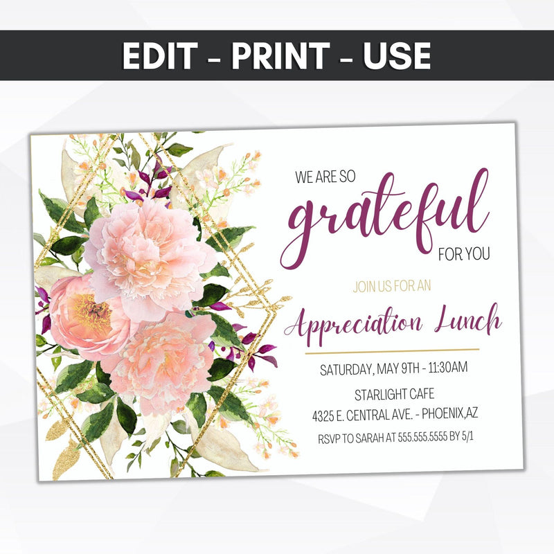 floral appreciation luncheon invitation peony rose gold geometric lunch brunch dinner invite