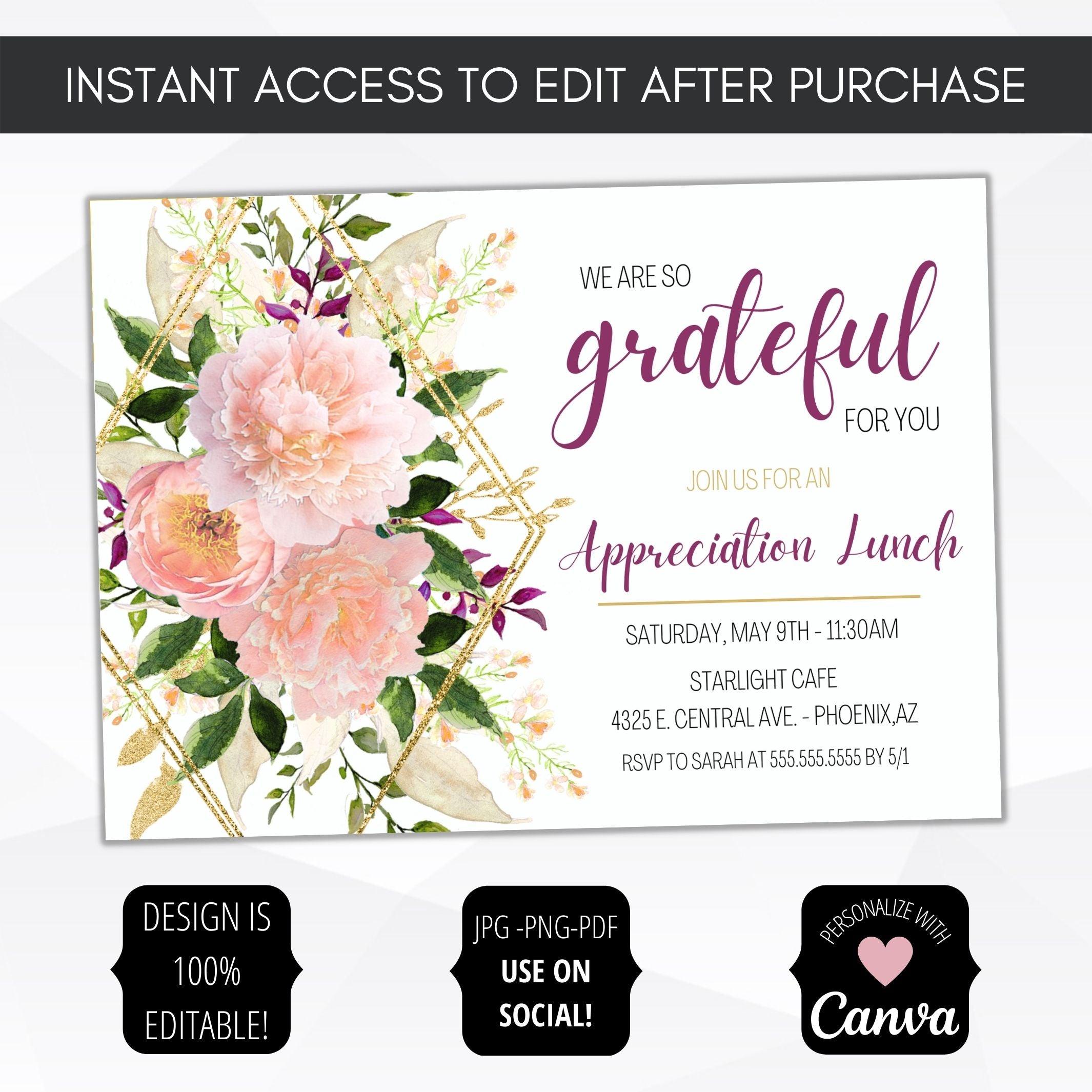 employee staff nurse volunteer teacher appreciation week invitation floral rose gold peony