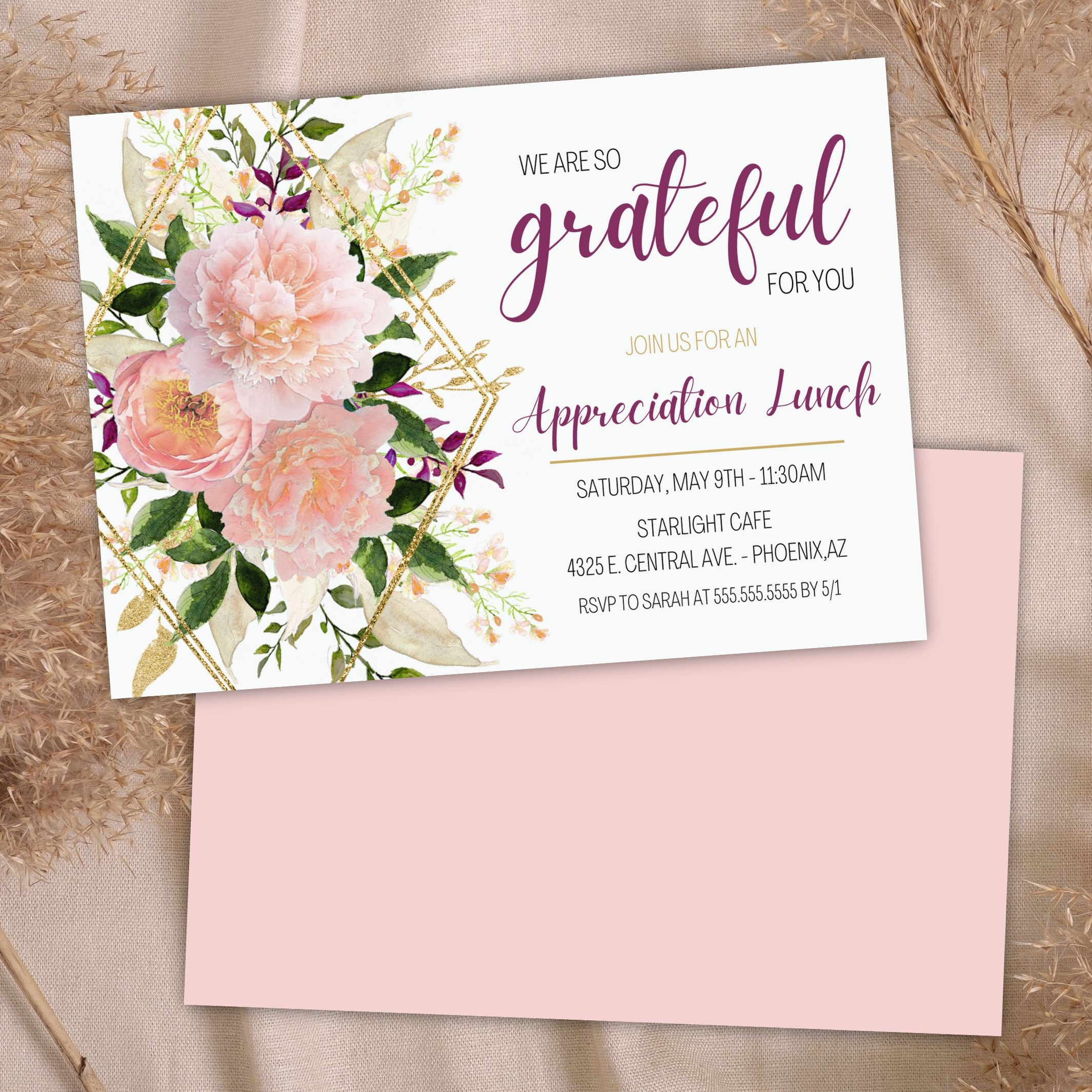 Invitation card with floral design and text on a pink background