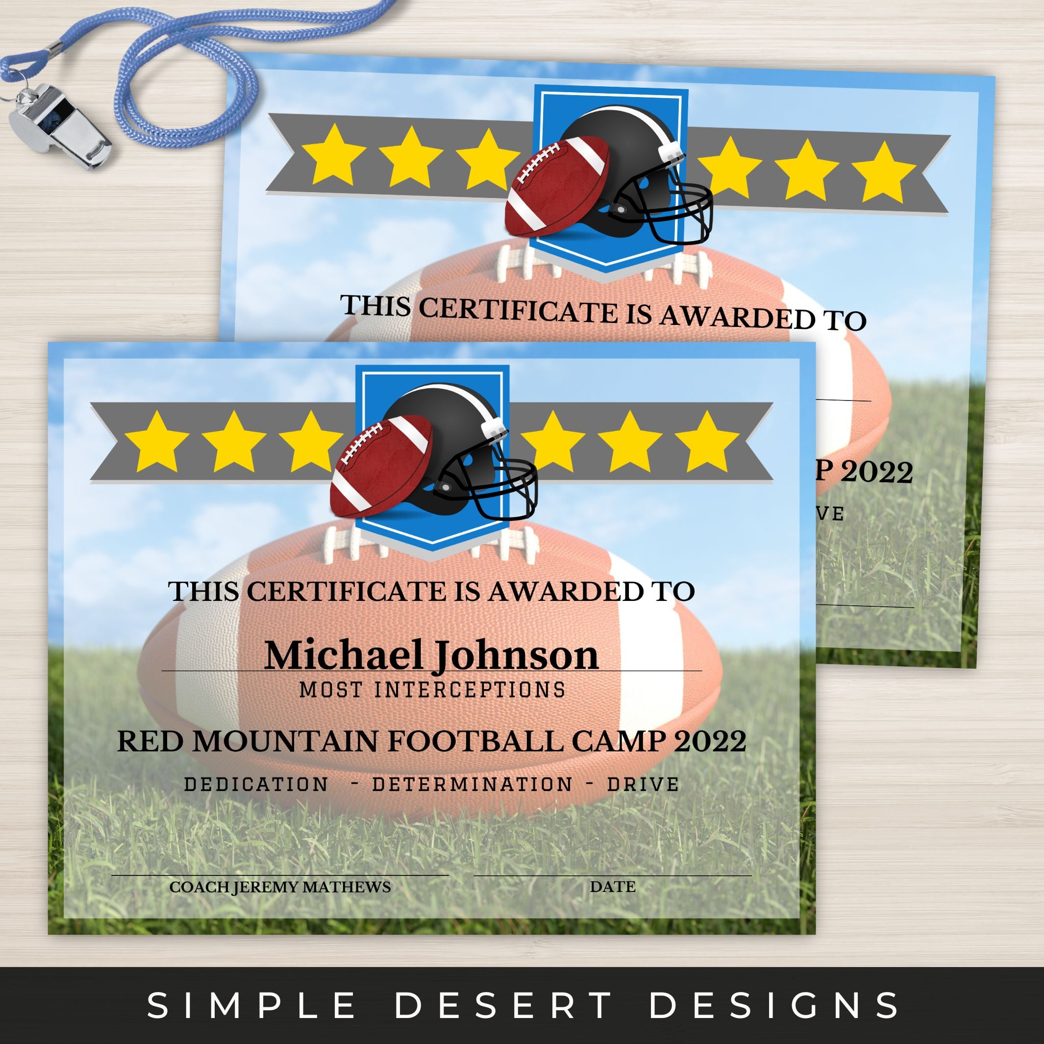 Two football-themed certificates on a wooden surface with 'Simple Desert Designs' branding.