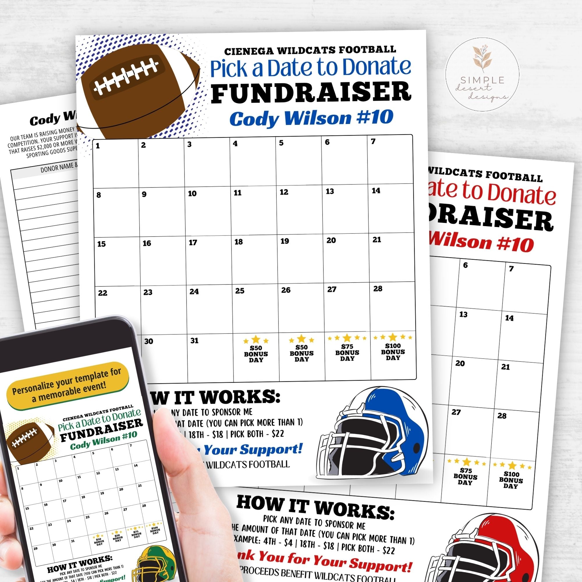 Calendar and promotional materials for a football fundraiser with a smartphone displaying a template.