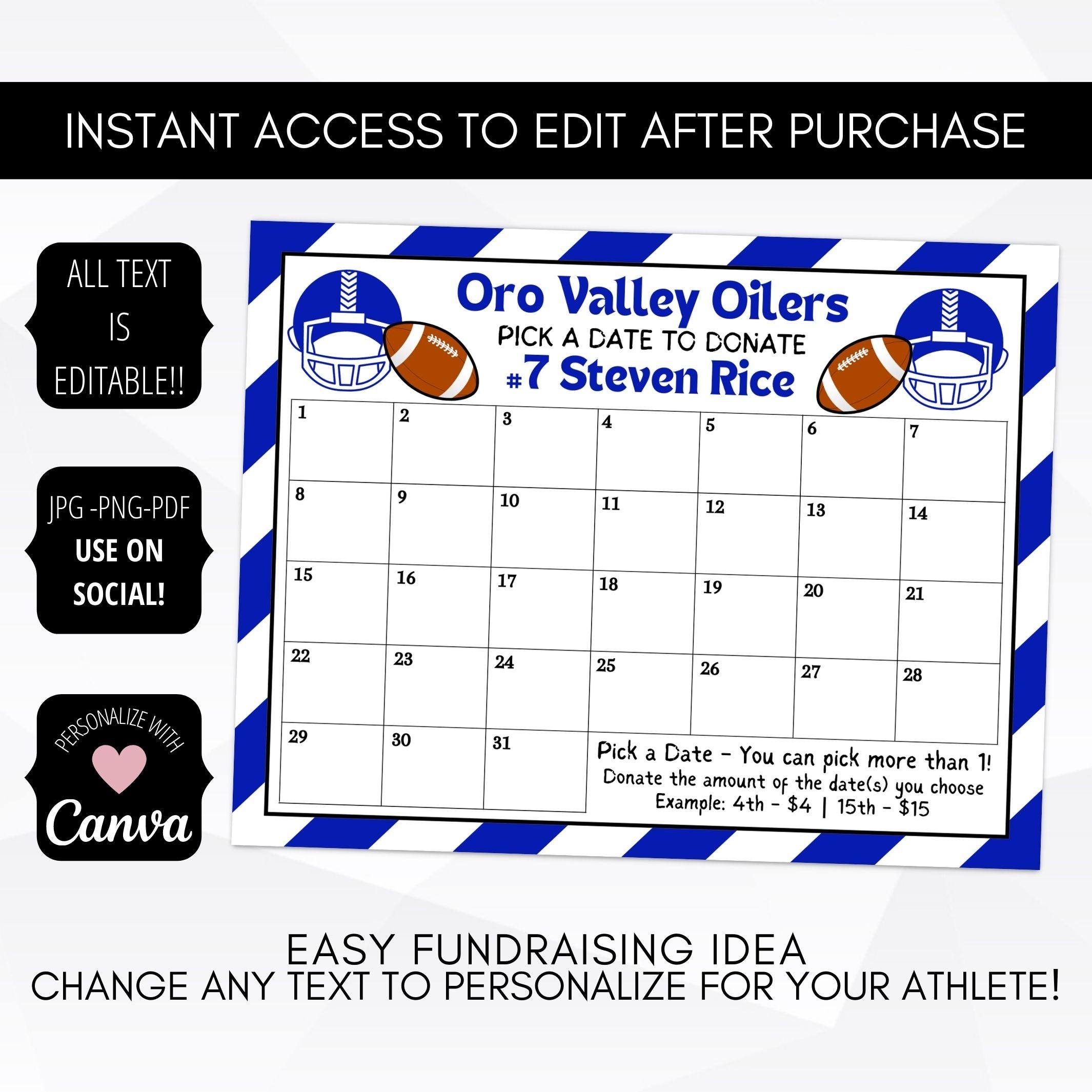 editable printable football cash calendar sports fundraiser school team club athletic fundraising idea