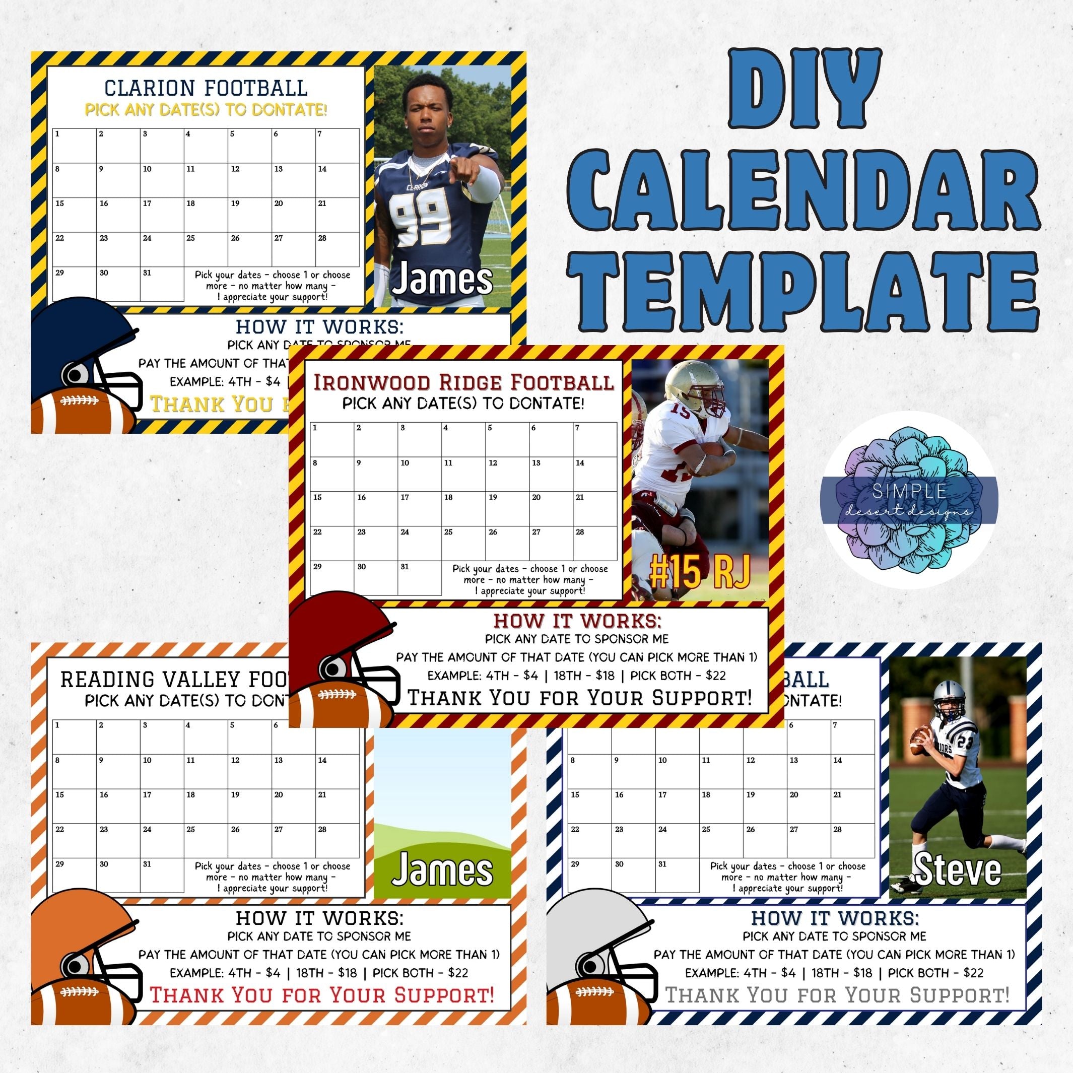 fully customizable football calendar template with photo