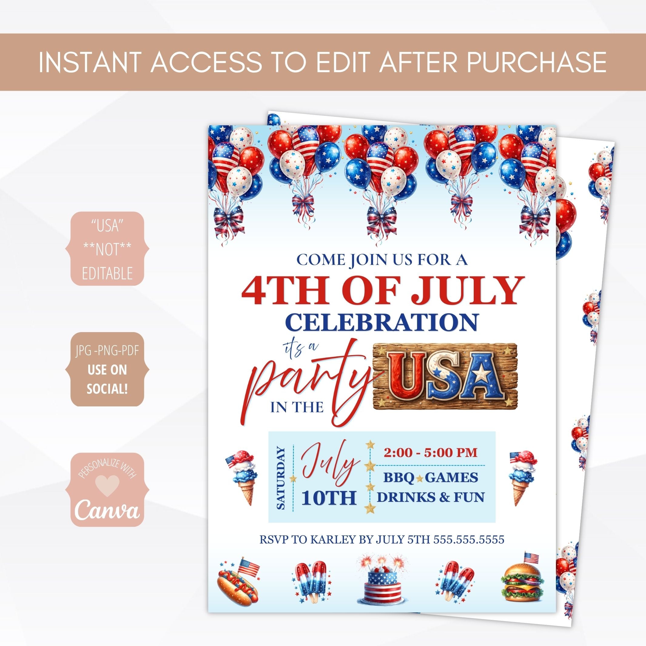 4th of July party invitation with balloons and text on a white background