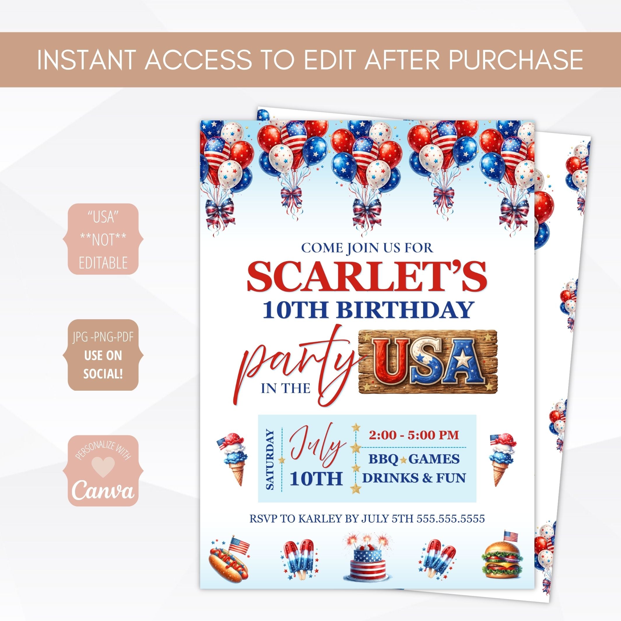 Birthday party invitation with American flag theme and balloons