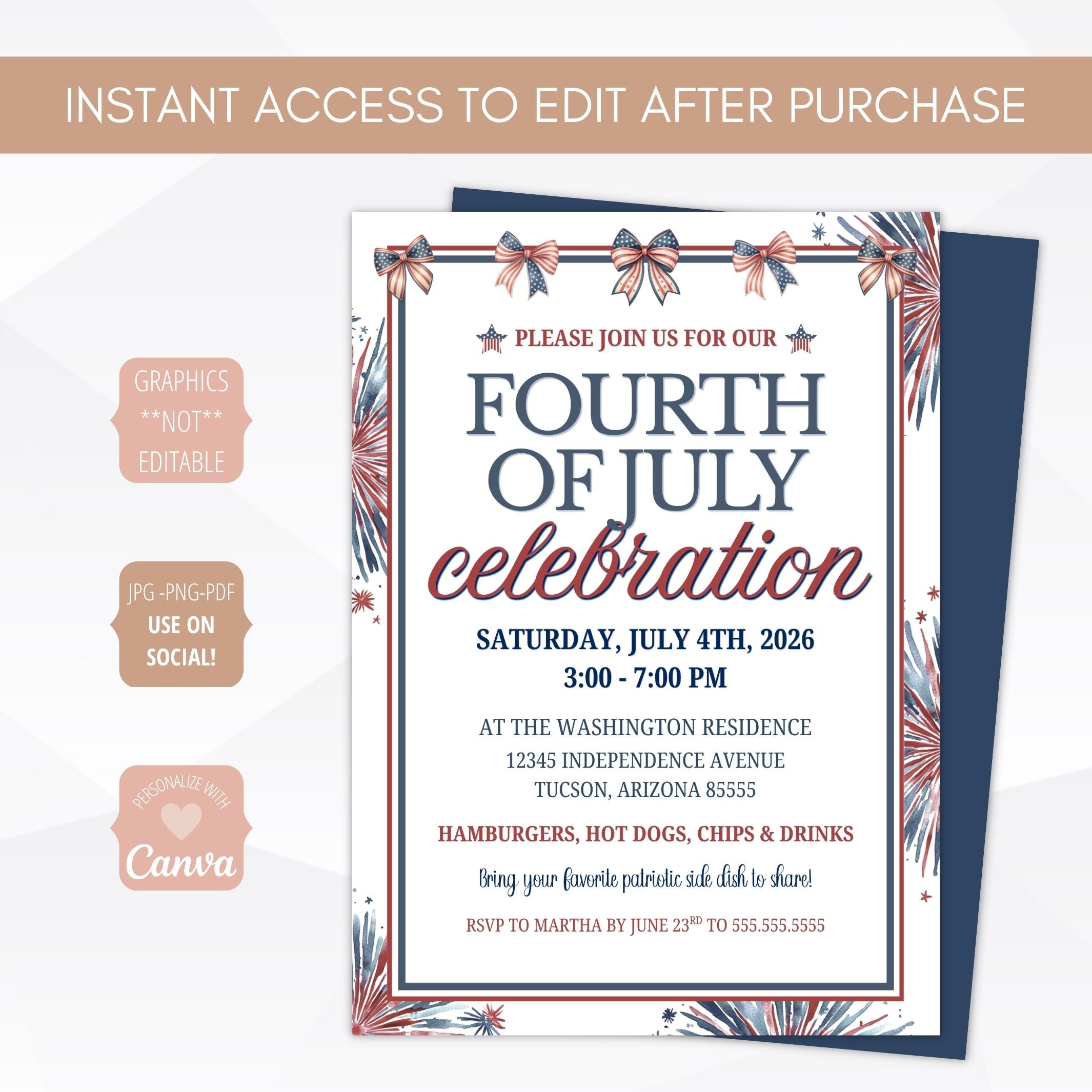 Fourth of July celebration invitation with decorative elements on a white background
