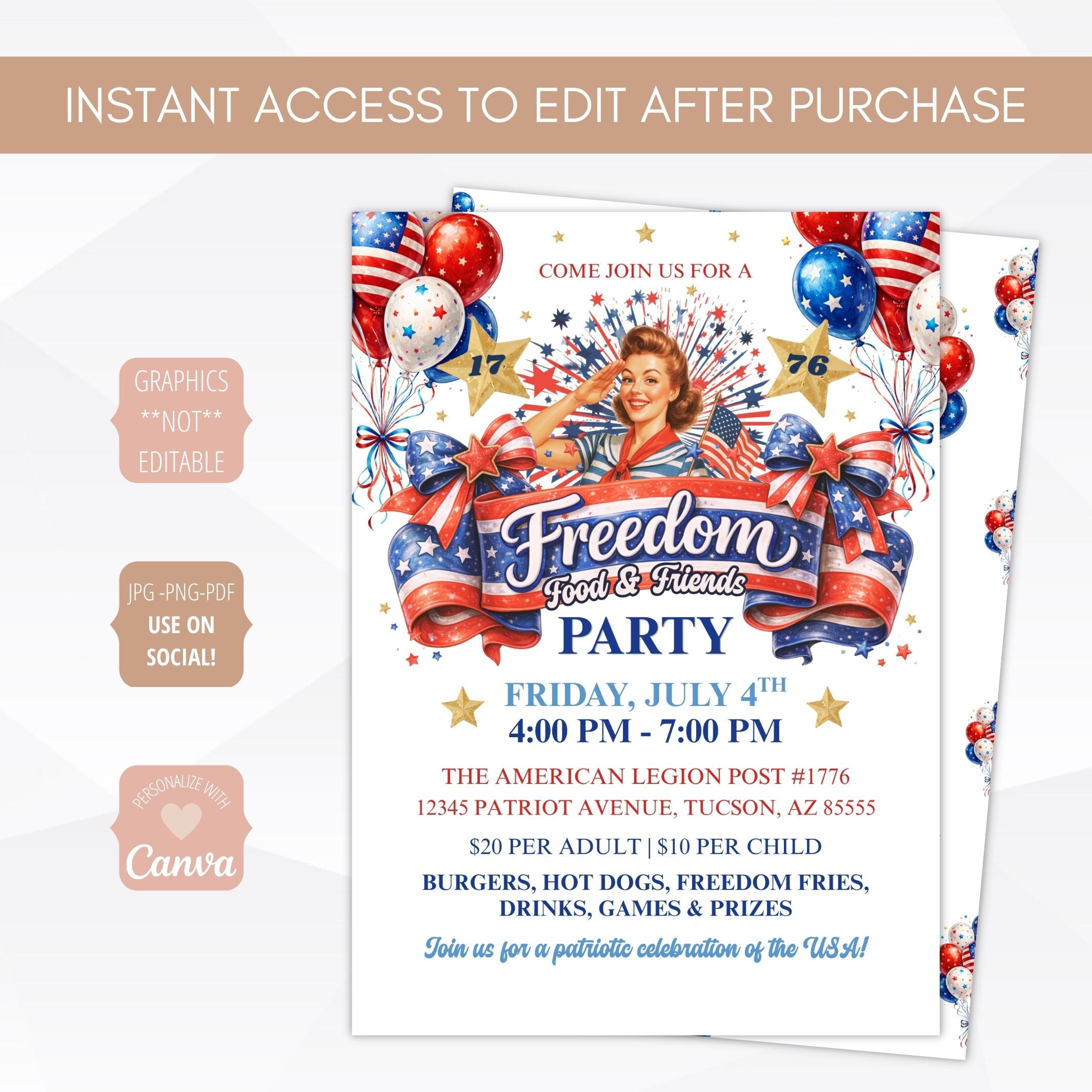 Promotional flyer for a 'Freedom Food & Friends Party' with patriotic design elements.