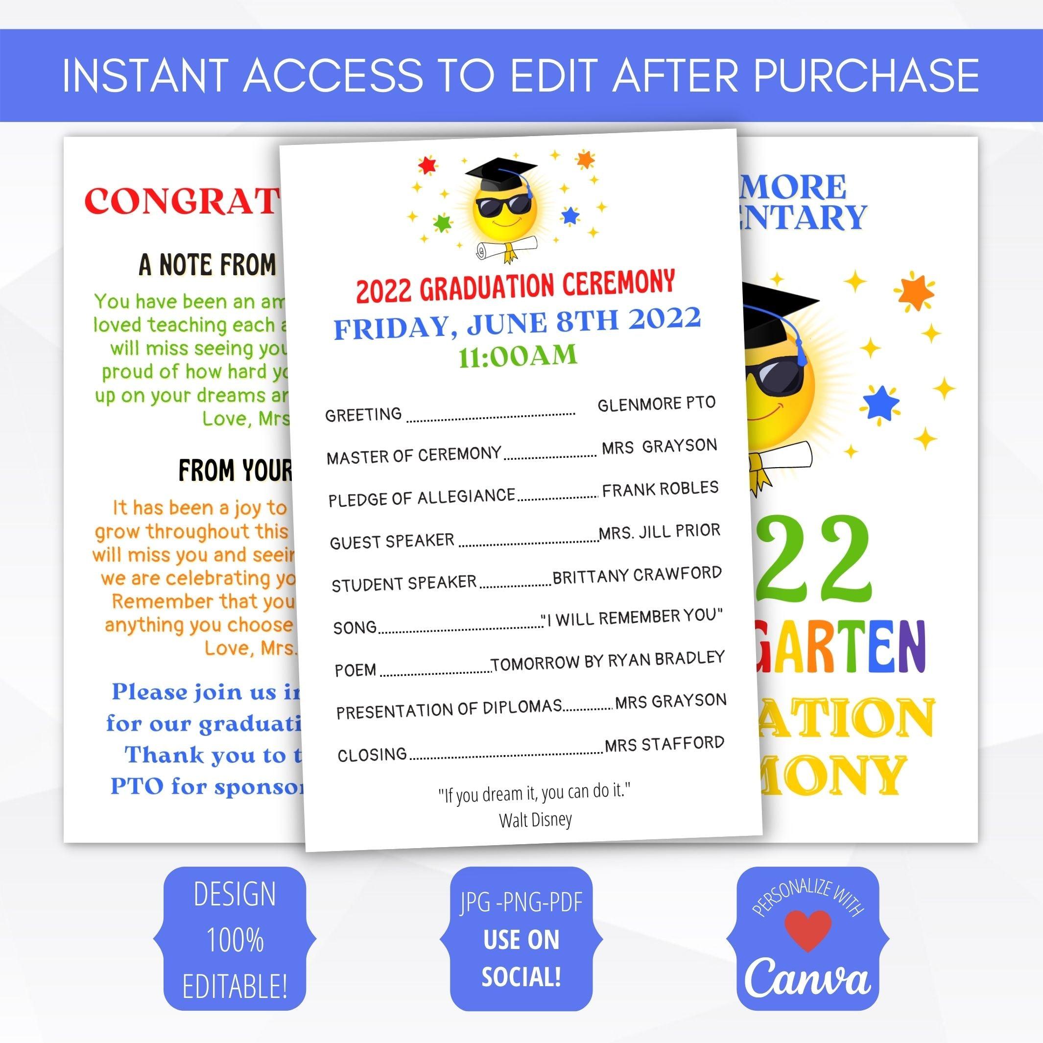 preschool kindergarten elementary graduation editable program template printable