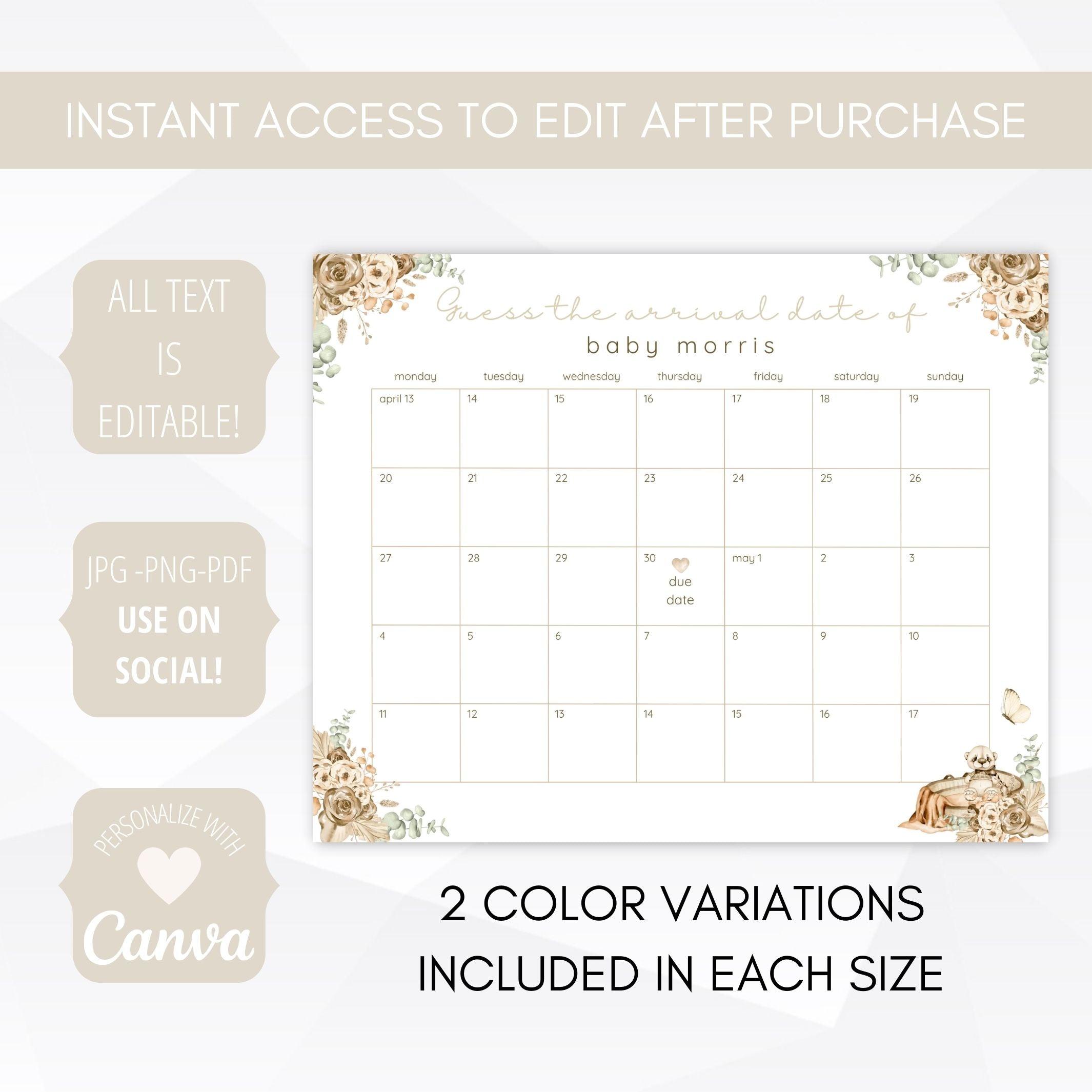 due date calendar bohemian baby shower template