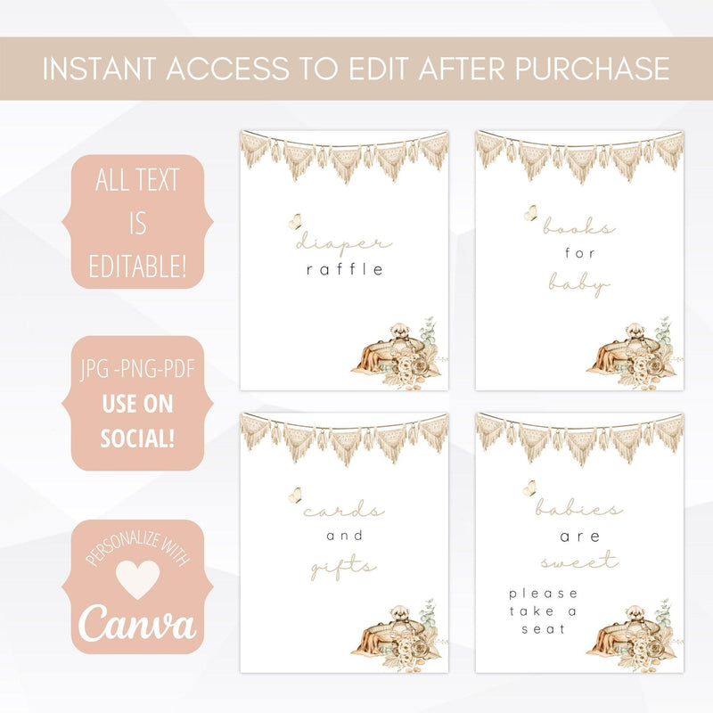 bohemian baby shower sign set template