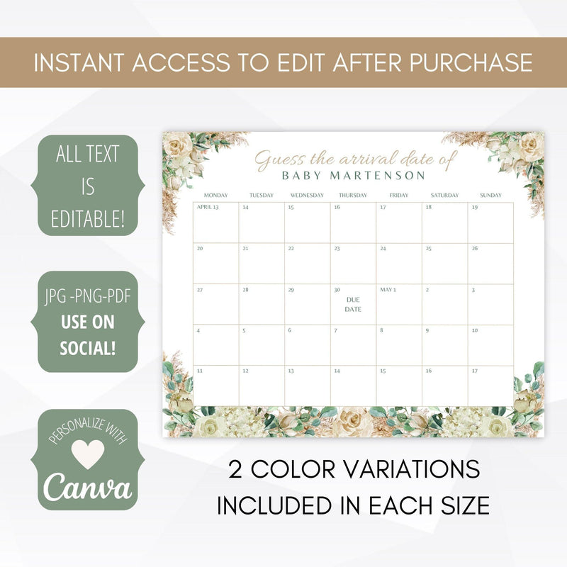 boho pampas grass baby shower due date calendar template