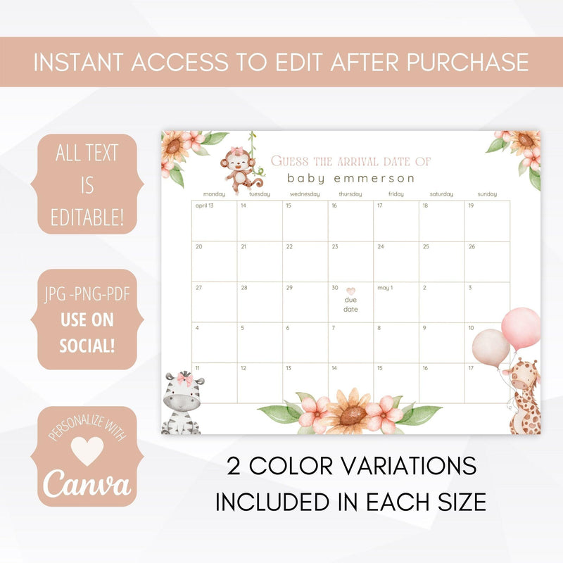baby girl safari baby shower due date calendar template
