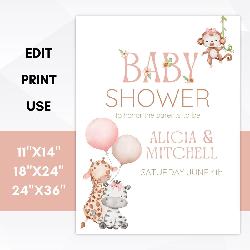 baby girl safari baby shower sign set editable template
