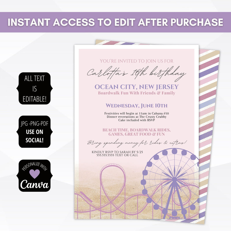 girls beach theme boardwalk party invitations