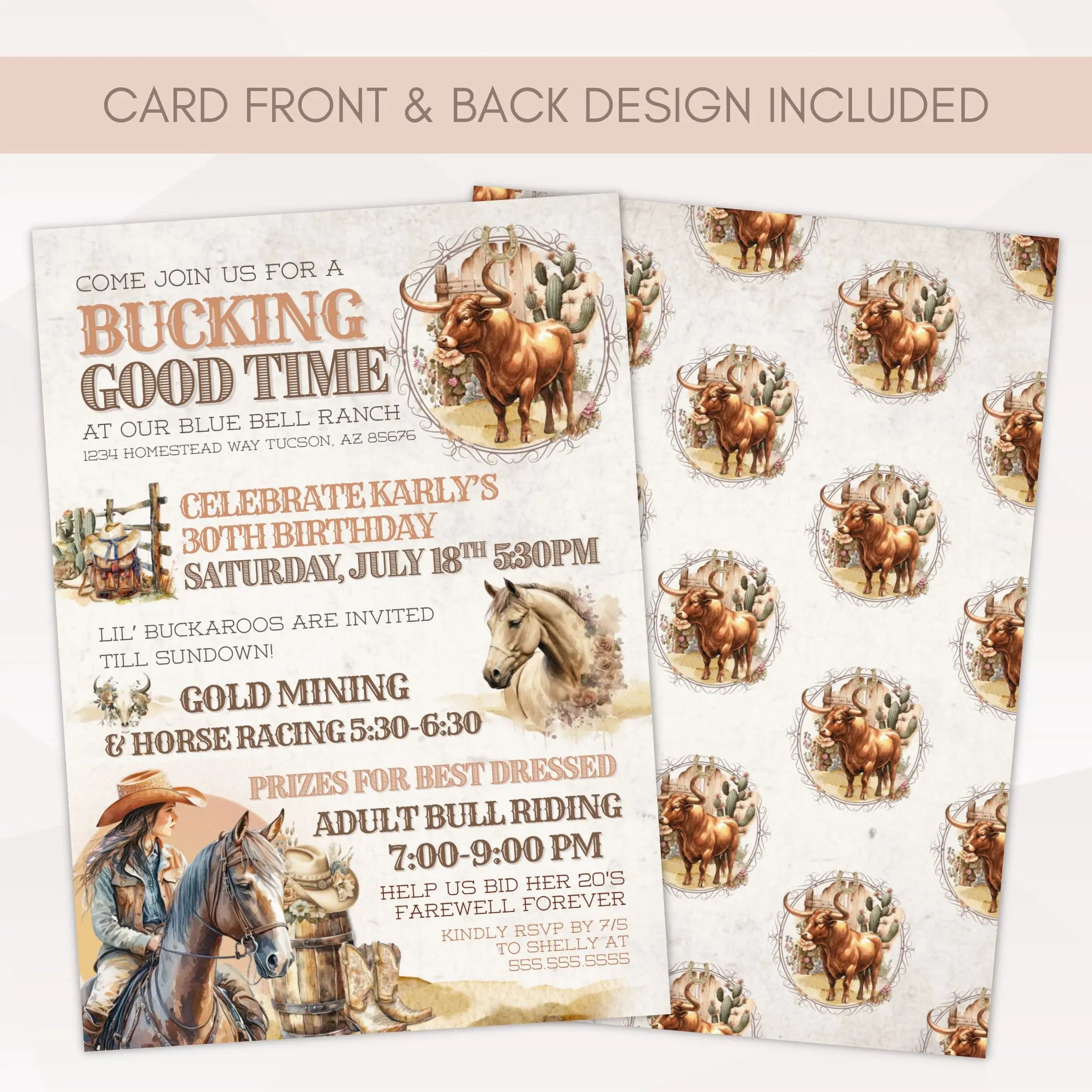 Front and back of editable invitation template for 30th or any milestone birthday party invitation for her. Graphics of horses, bull, and other western floral elements included in the design.