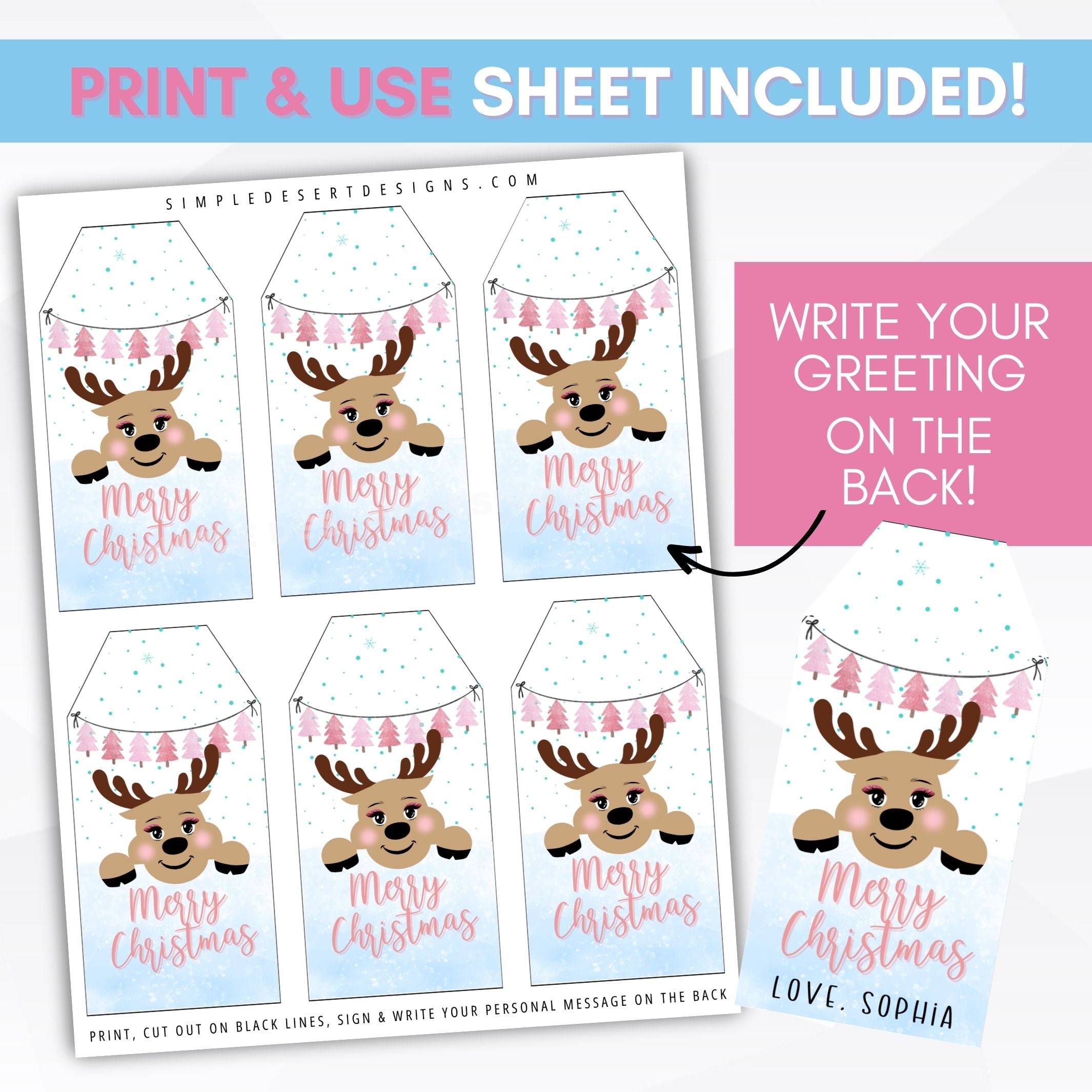 last minute printable merry christmas gift tags with cute reindeer and pink accents