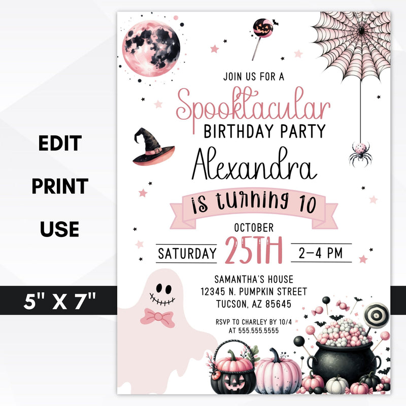 personalized halloween birthday party invitation for girls and pink fans
