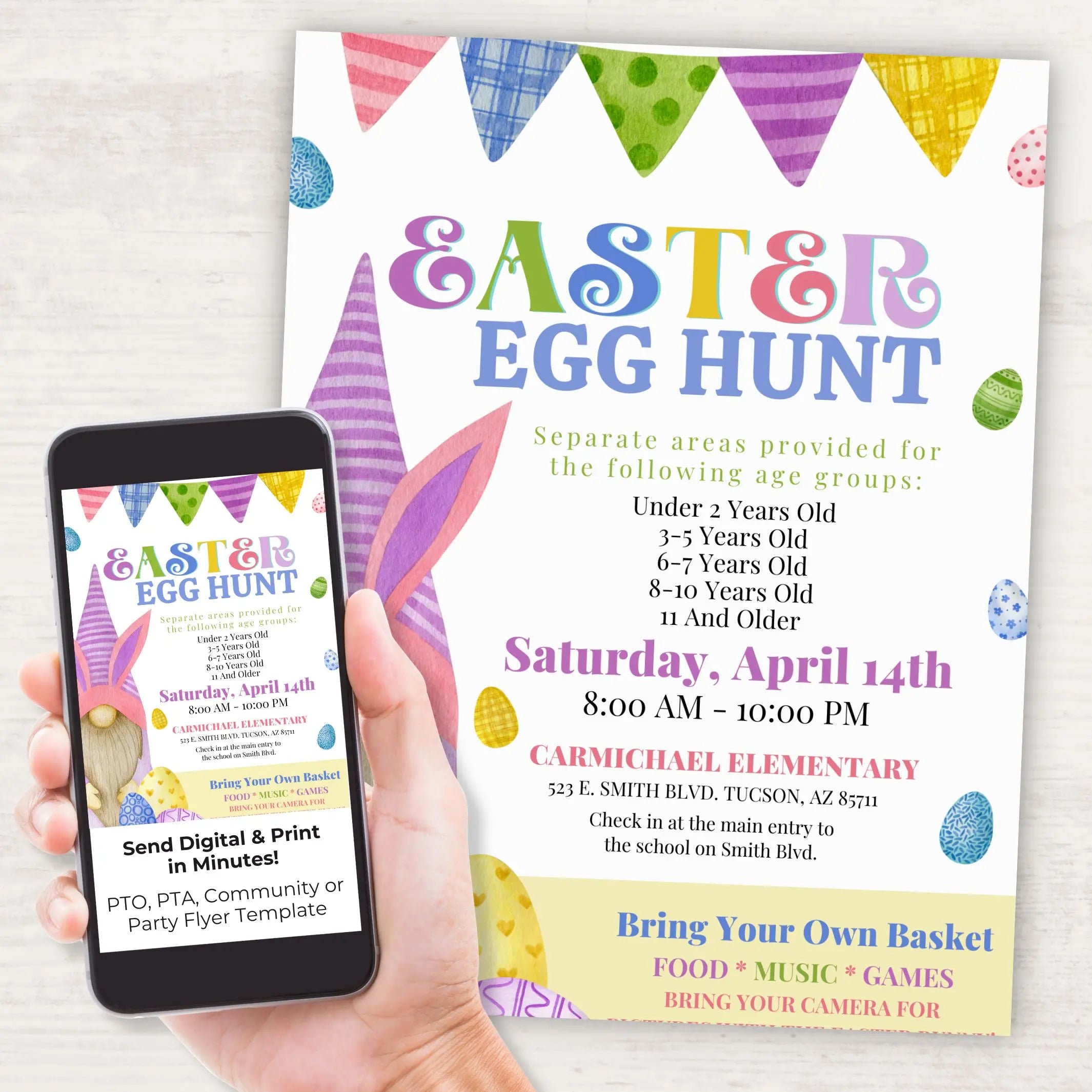 Colorful Easter egg hunt flyer template customized for an elementary school fundraiser event held by a hand with a phone showing the same flyer.