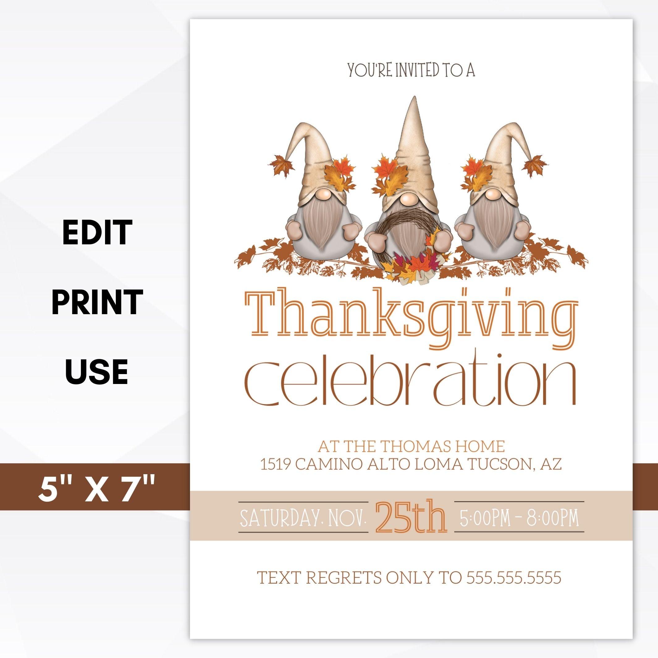 editable thanksgiving gnome dinner invitation printable template