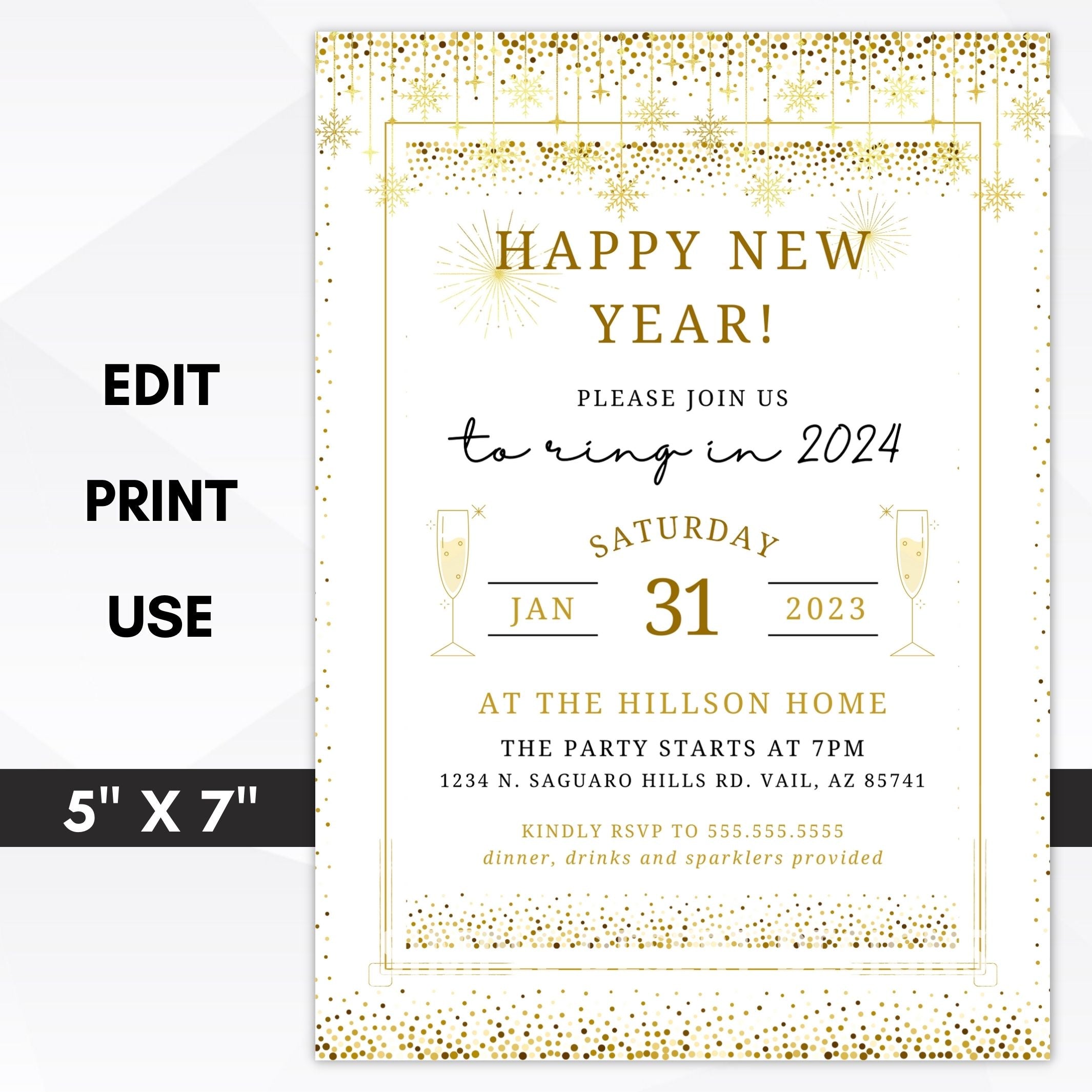 new year invitation template with gold accents for formal dinner parties