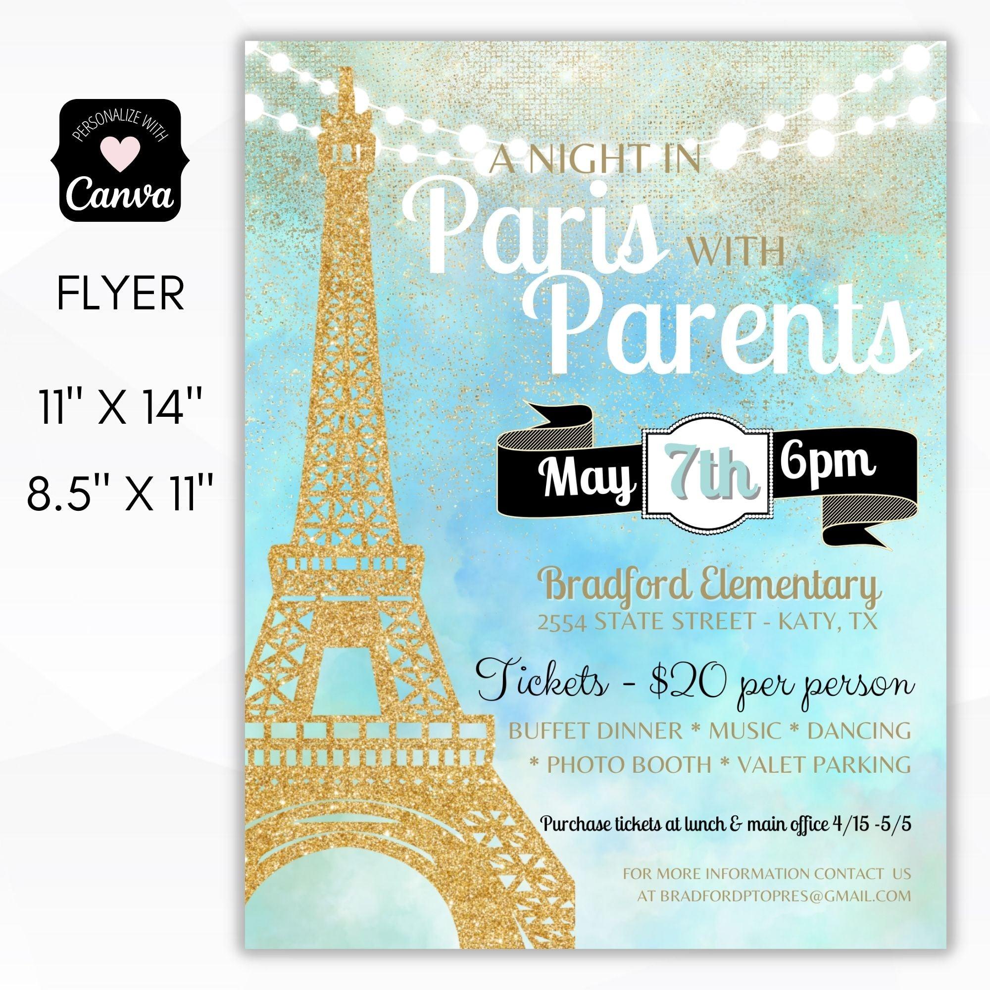 Editable Night in Paris themed dance flyer sign poster template school pto Student council stuco