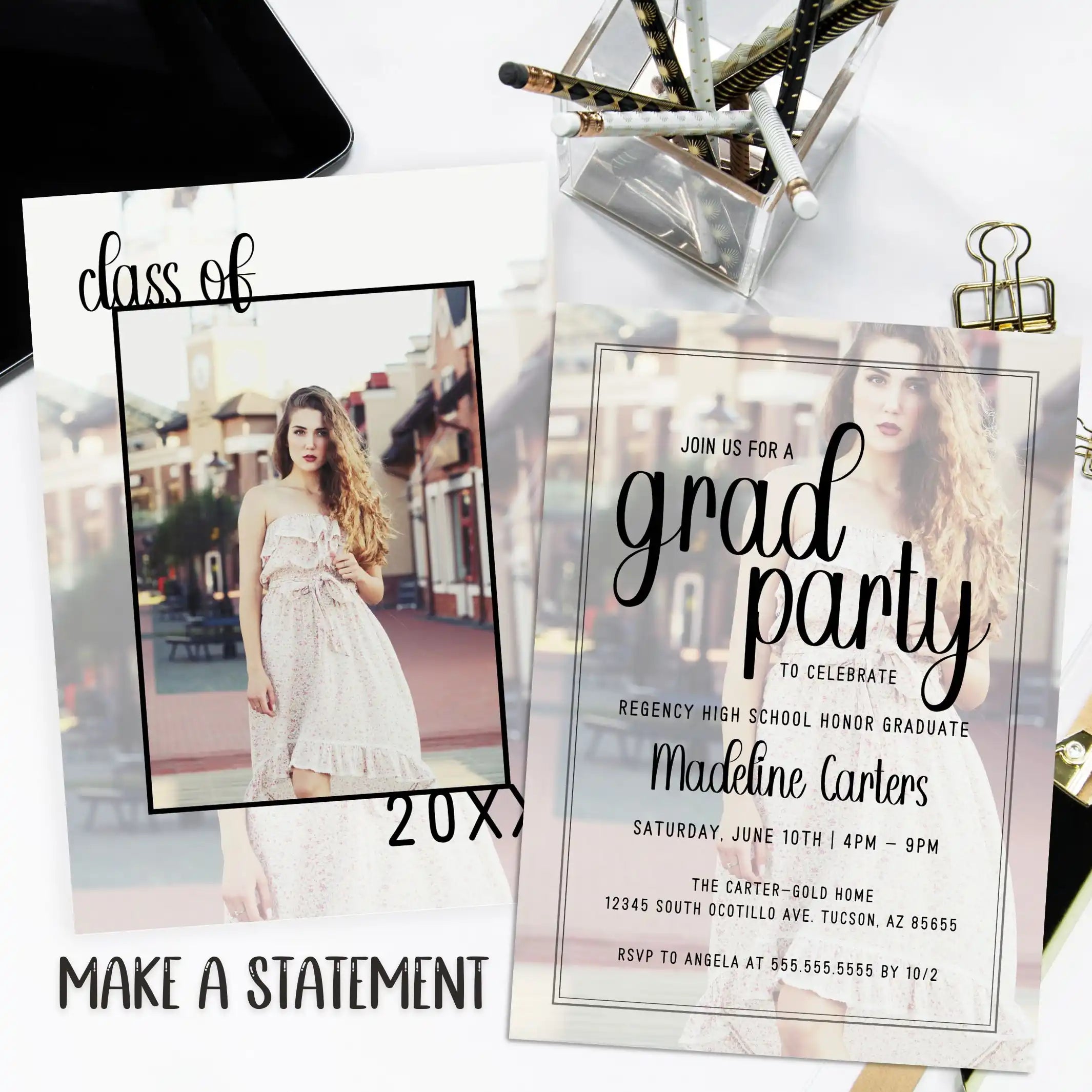 Graduation party invitation with a photo of a woman and text details on a blurred background representing modern and stylish graduation announcement invitation templates by Simple Desert Designs.