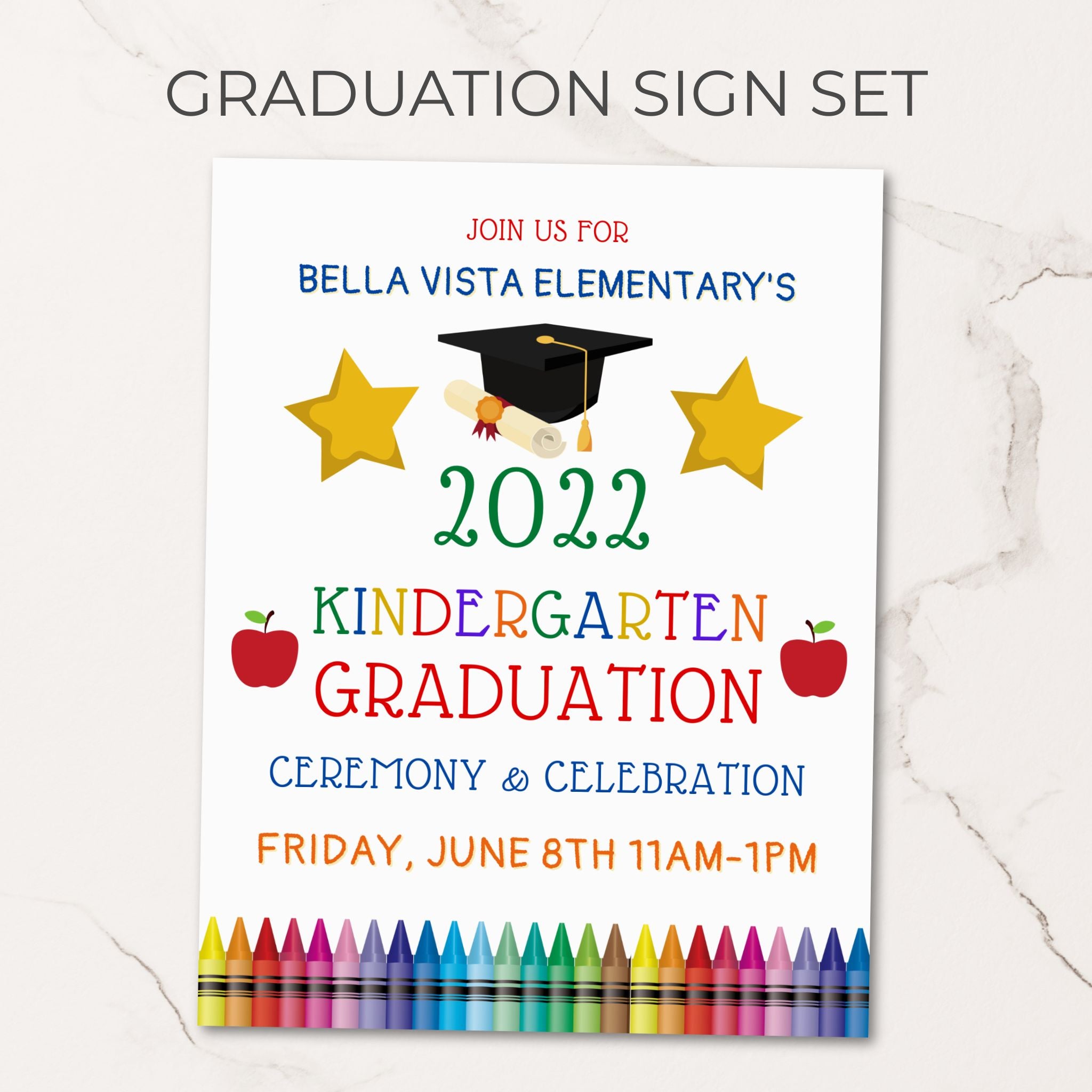 Graduation sign set with editable year, grade, and text for Graduation Ceremony on a white background.