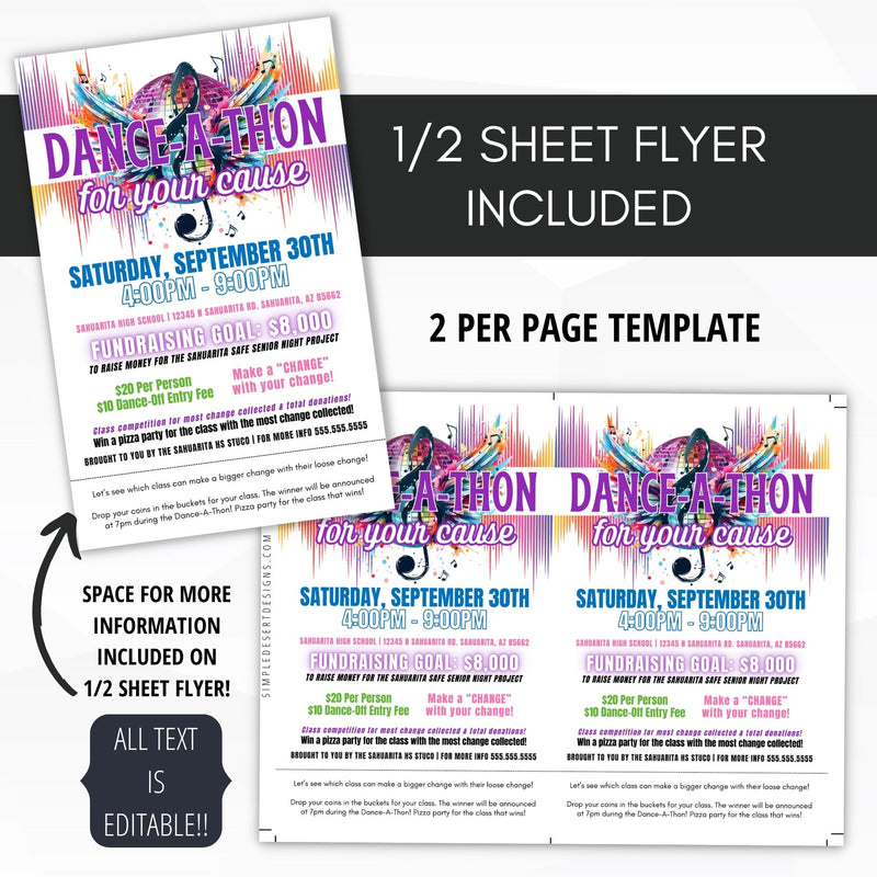 half sheet send home tear off flyers for schools and church dance a thon event