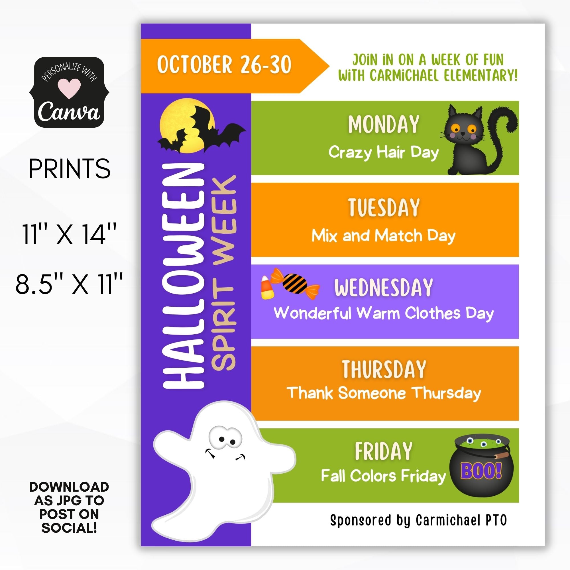 halloween flyer template featuring bright Halloween icons and editable spirit week layout