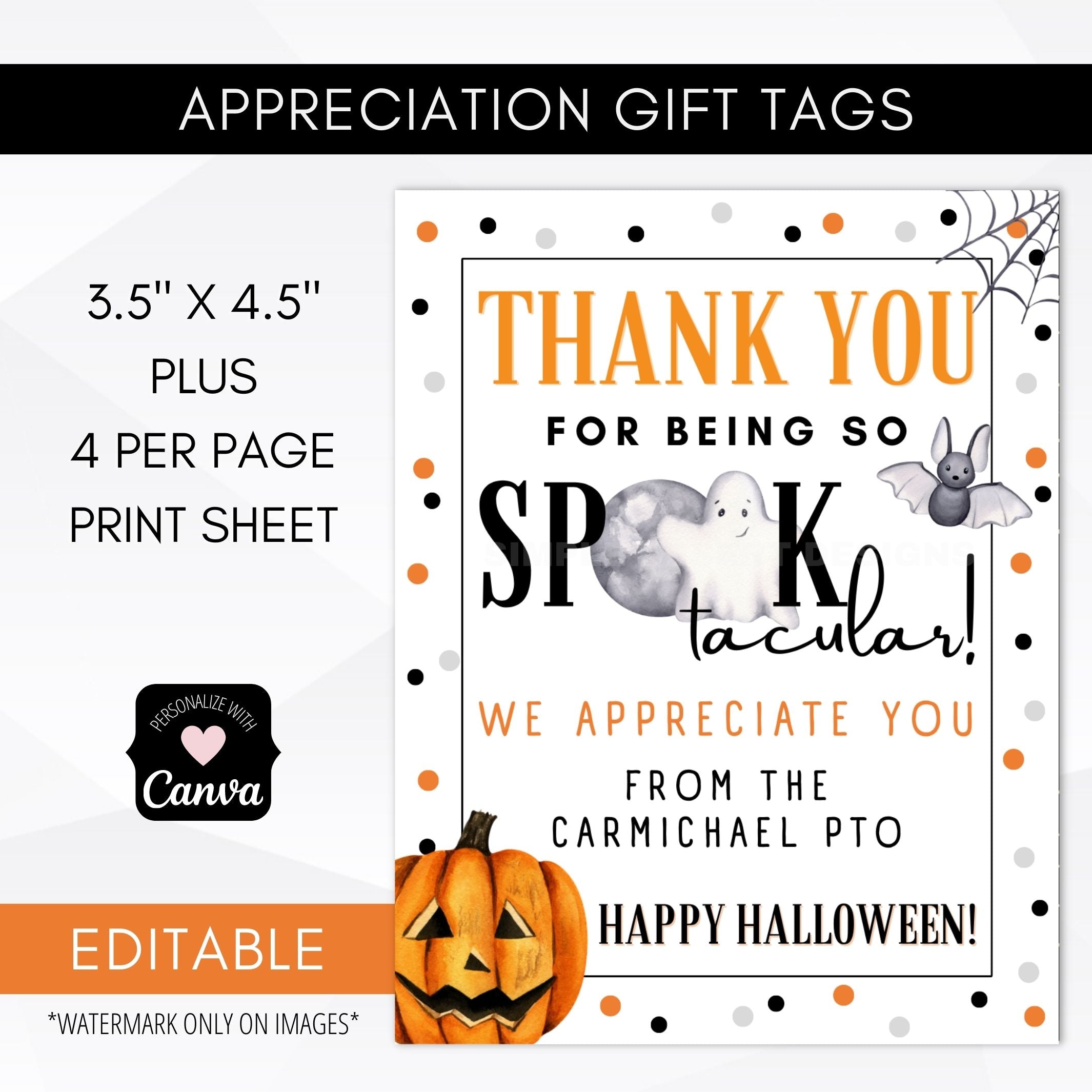 editable halloween gift tags templates to customize in Canva that measure 3.5x4.5 inches perfect for any school or work appreciation gift idea.