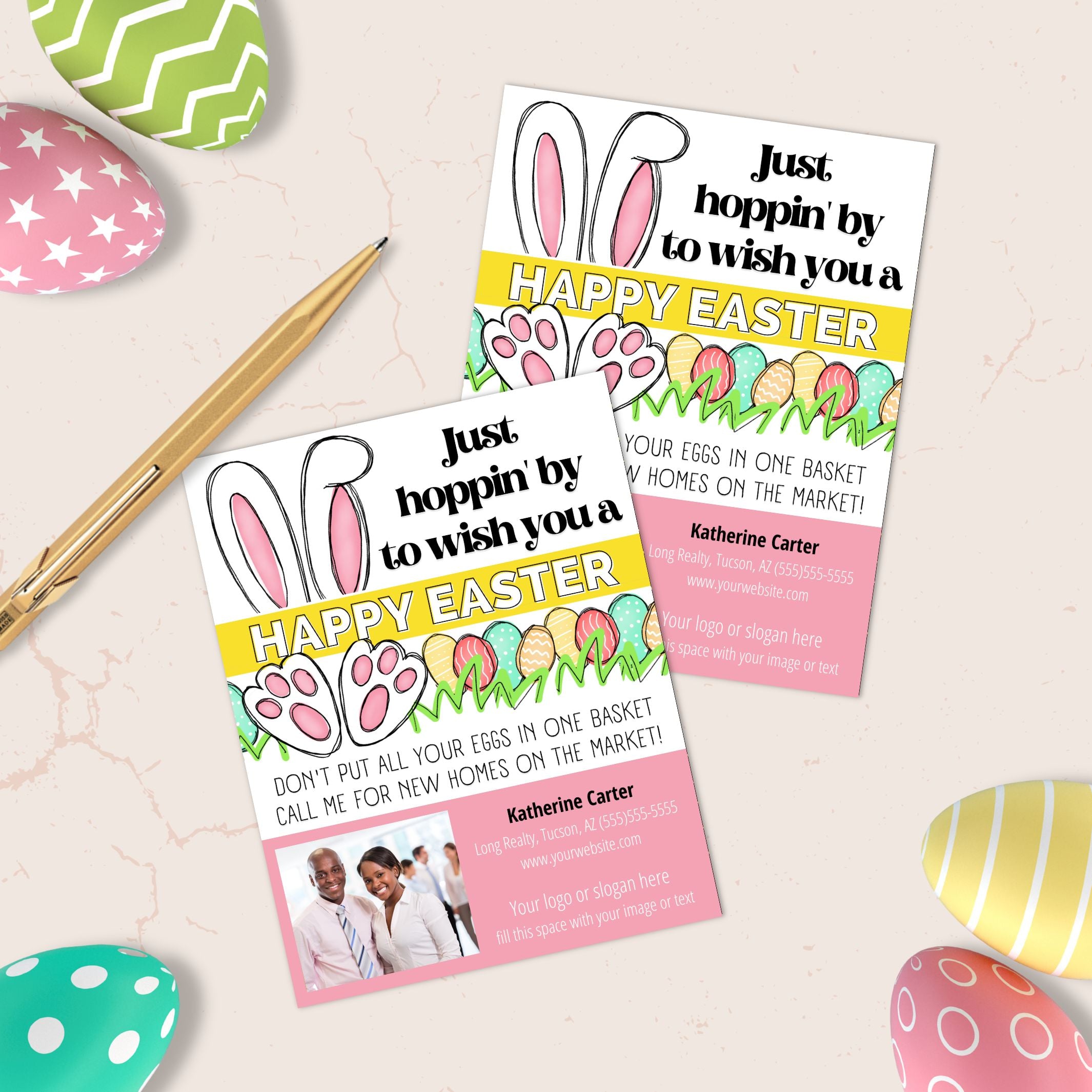 Two Easter-themed business cards on a surface with decorative eggs and a pen.