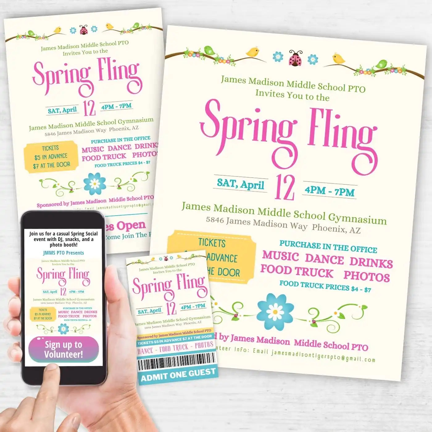 Spring Fling event invitation with digital and printed versions on a white background representing a collection of holiday dance event templates and bundles for schools, churches, and community groups with editable flyers, ticket templates, social media and signs by Simple Desert Designs.