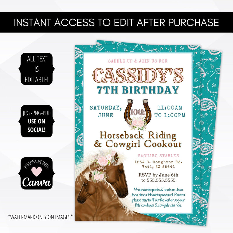 pink cowgirl birthday party invitations