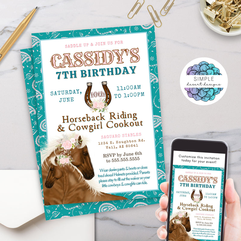 teal and blush pink horse theme birthday party invitaitons for horseback riding or country western birthday party