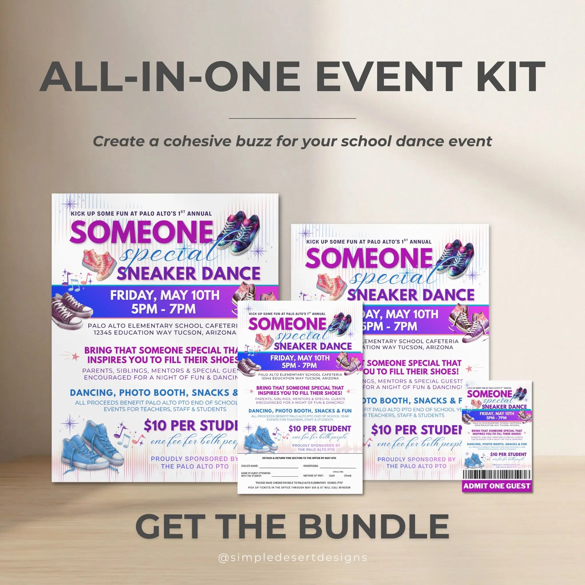 Promotional flyers, ticket and sign for an inclusive school or church dance event with sneaker design on a wooden surface.