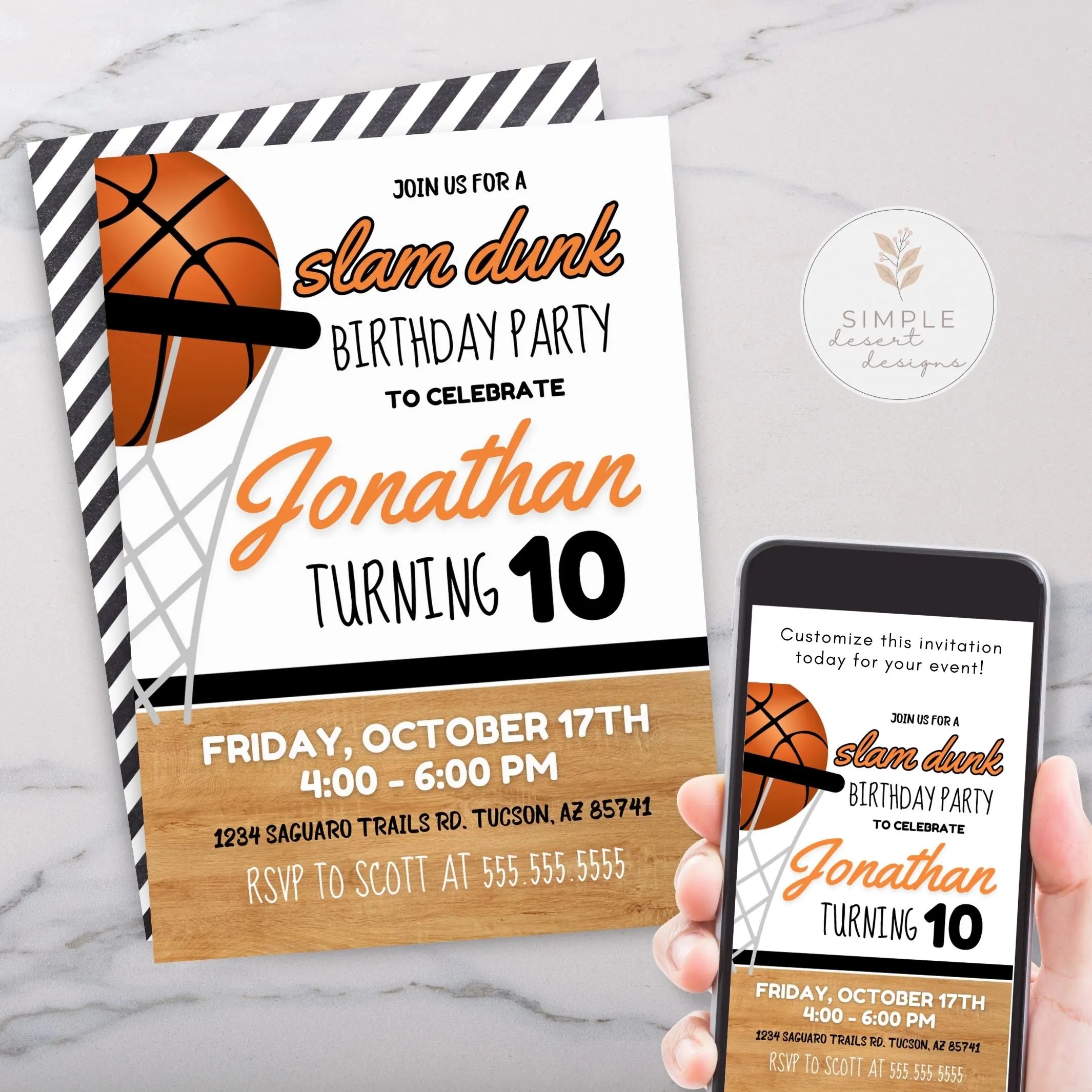 Basketball-themed birthday party invitation with a smartphone showing the invitation on a marble surface.