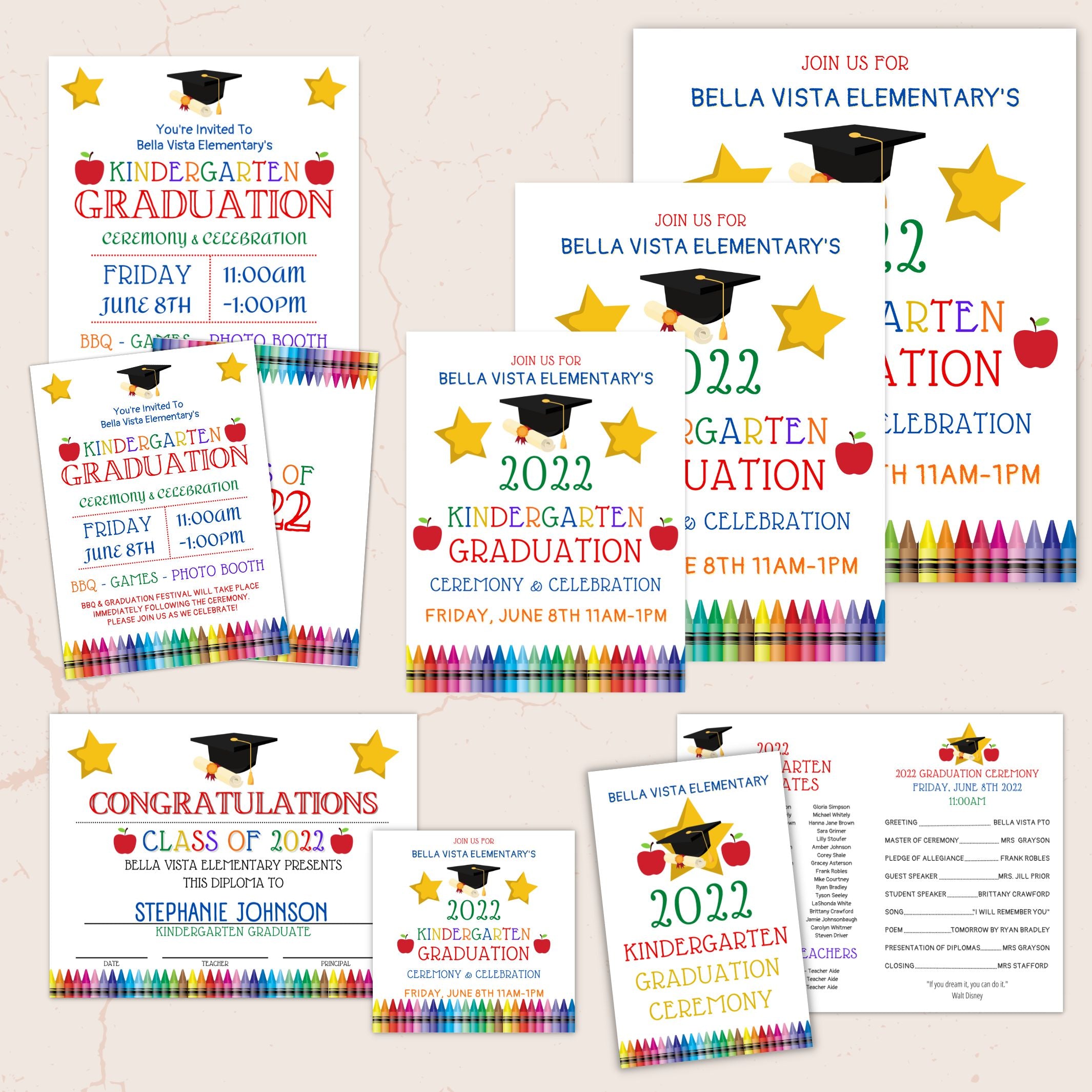 all in once primary colored kindergarten graduation ceremony event invitation flyer poster sign certificate social media and program templates bundle on marble surface