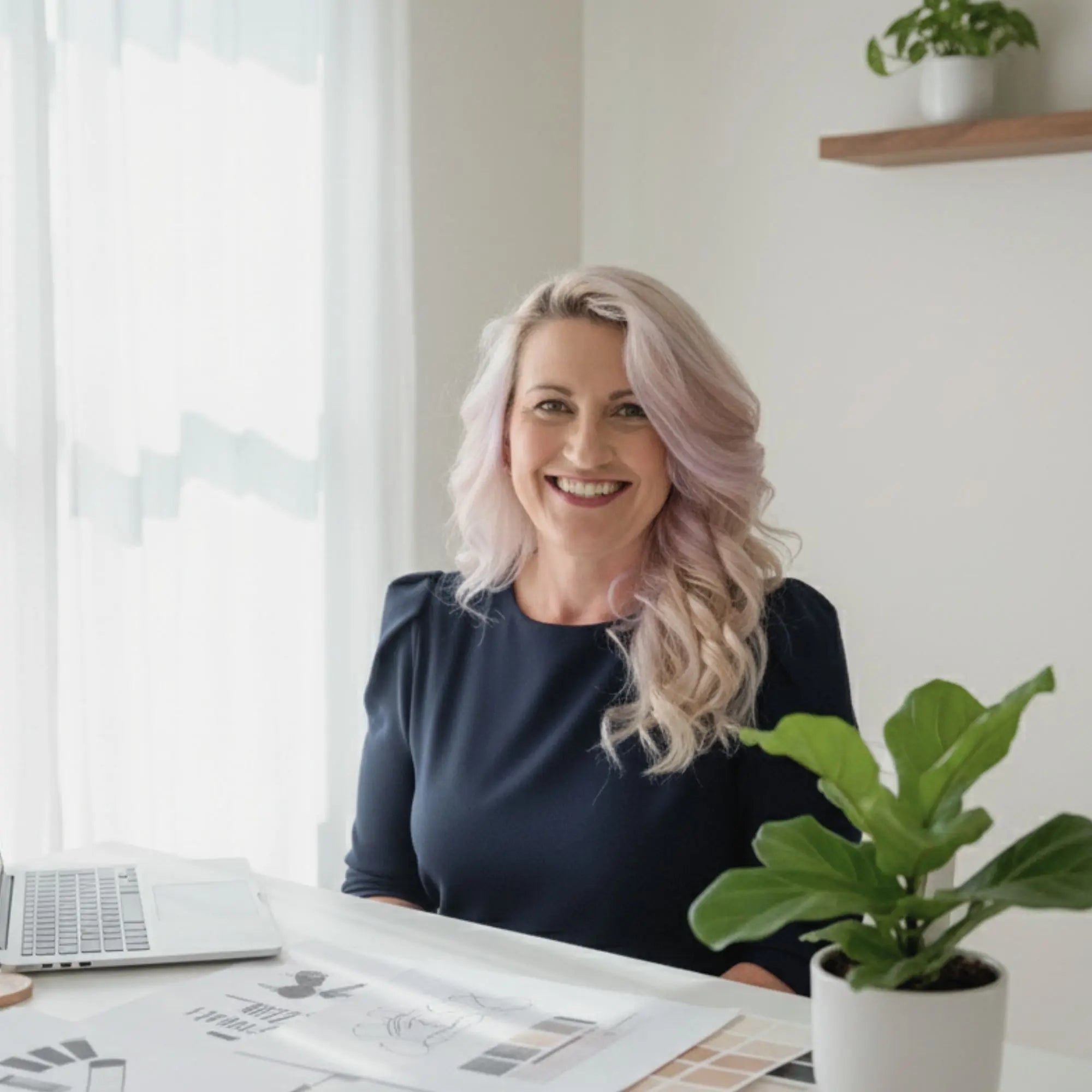 Image of Kristen, owner and designer at Simple Desert Designs sitting at a desk with a laptop and plants in a bright room.