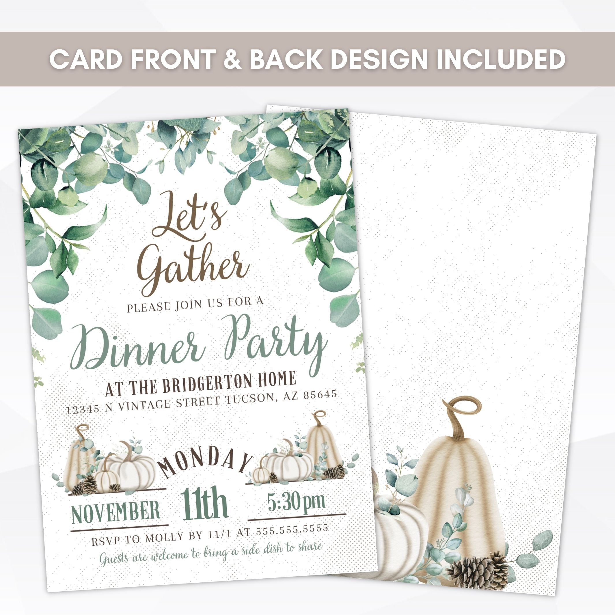 front and back of lets gather dinner party with white pumpkin theme