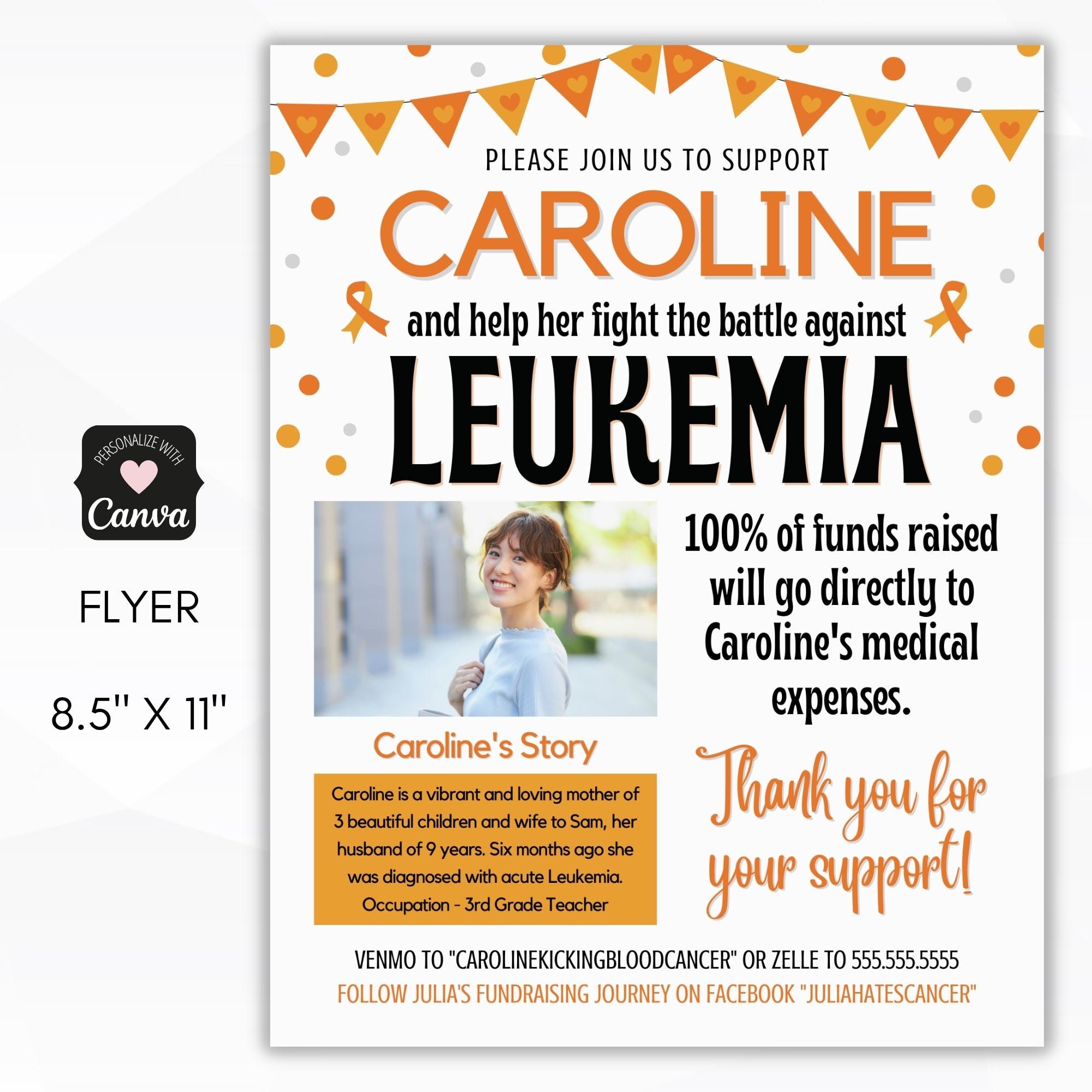 Flyer for Caroline's leukemia fundraising event with a photo of a woman and text details.