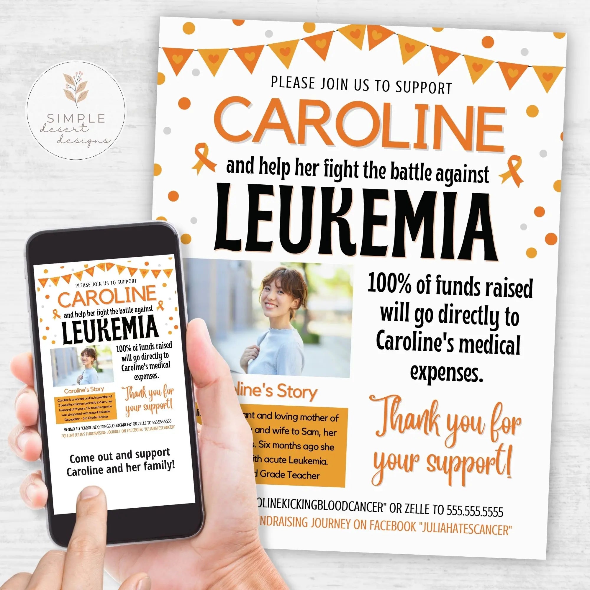 Poster and smartphone displaying a fundraising campaign for Caroline fighting leukemia, held by a hand.